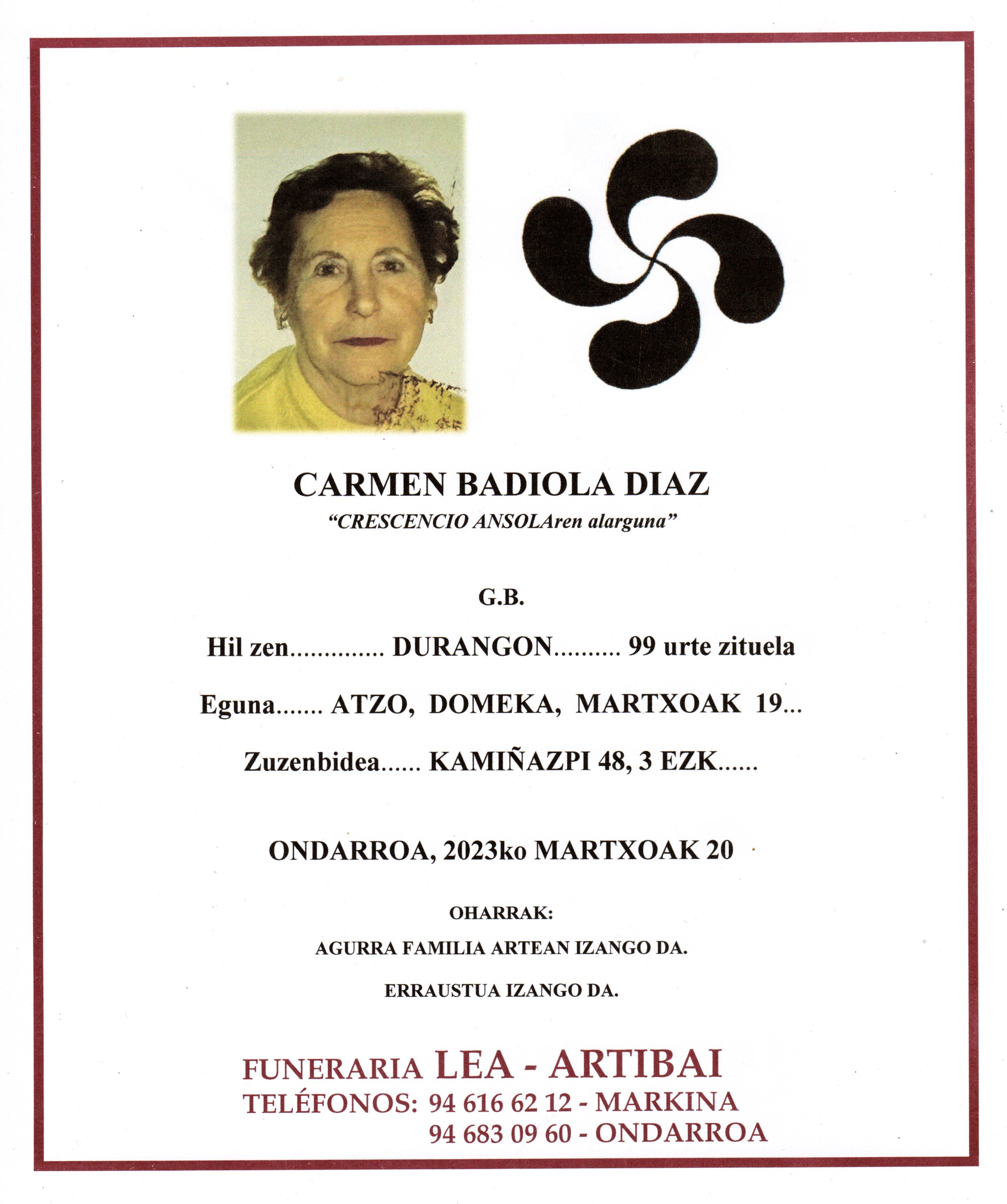 Esquela de Carmen Badiola Diaz