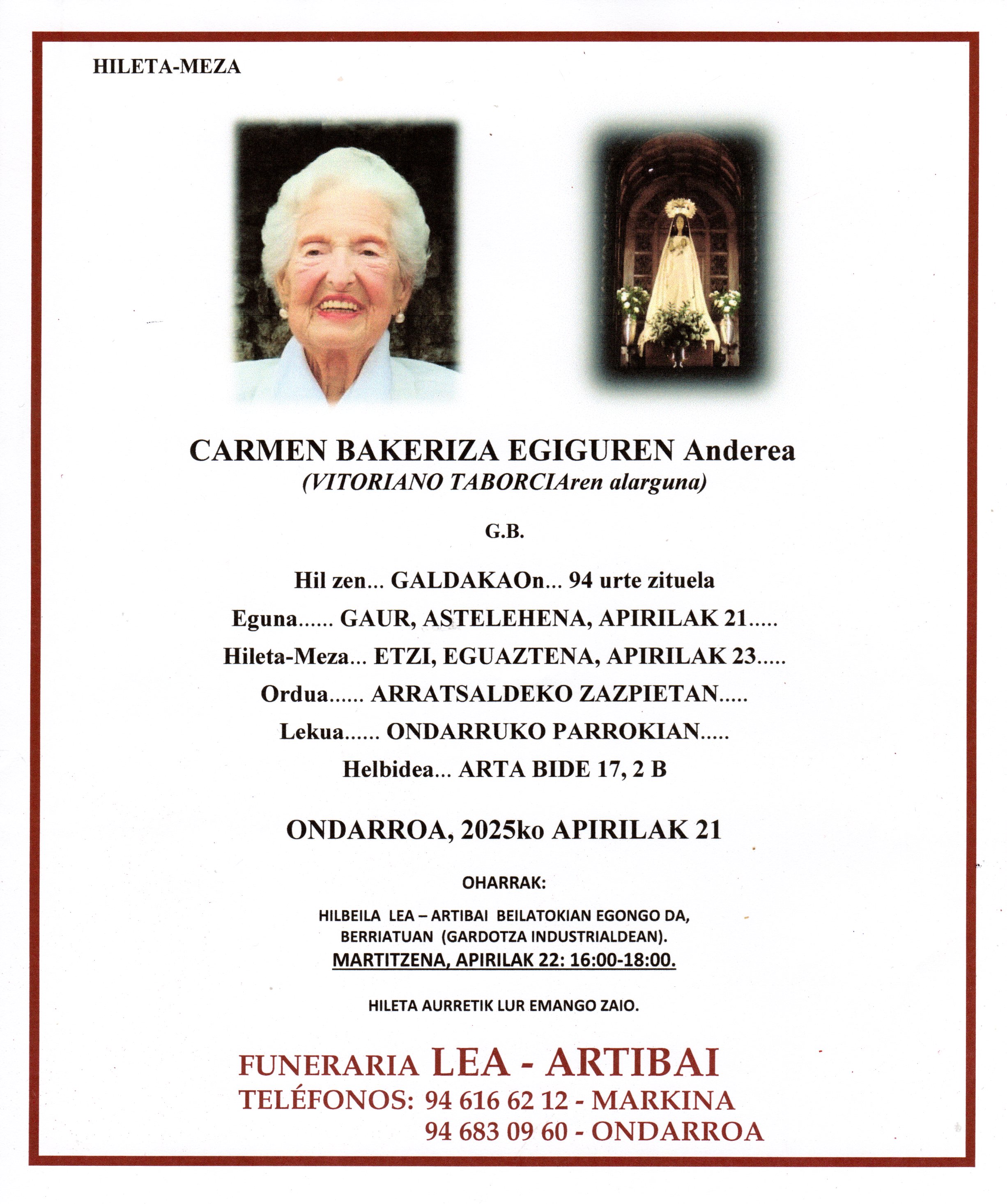 Esquela de Carmen Bakeriza Egiguren