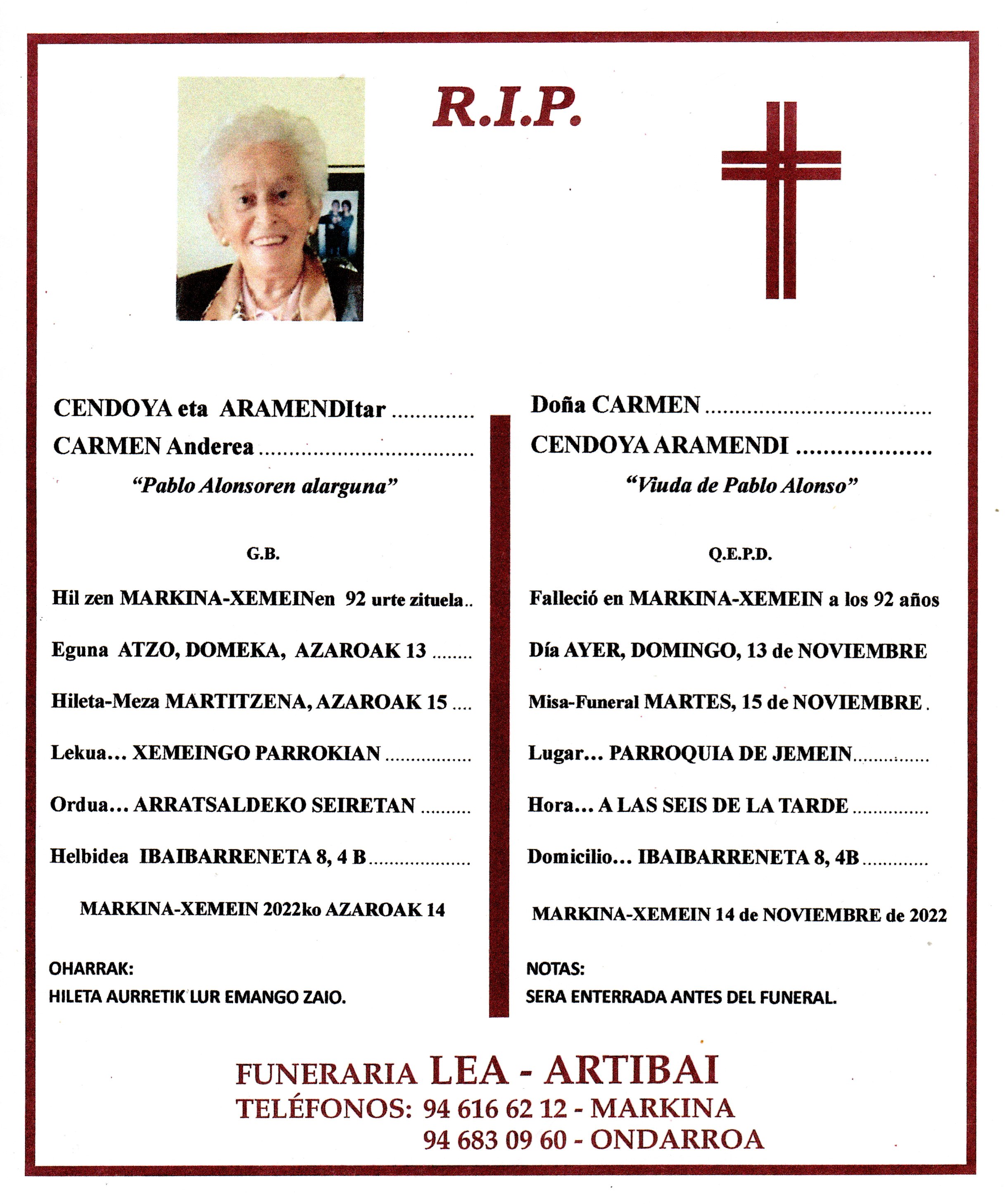 Esquela de Carmen Cendoya Aramendi