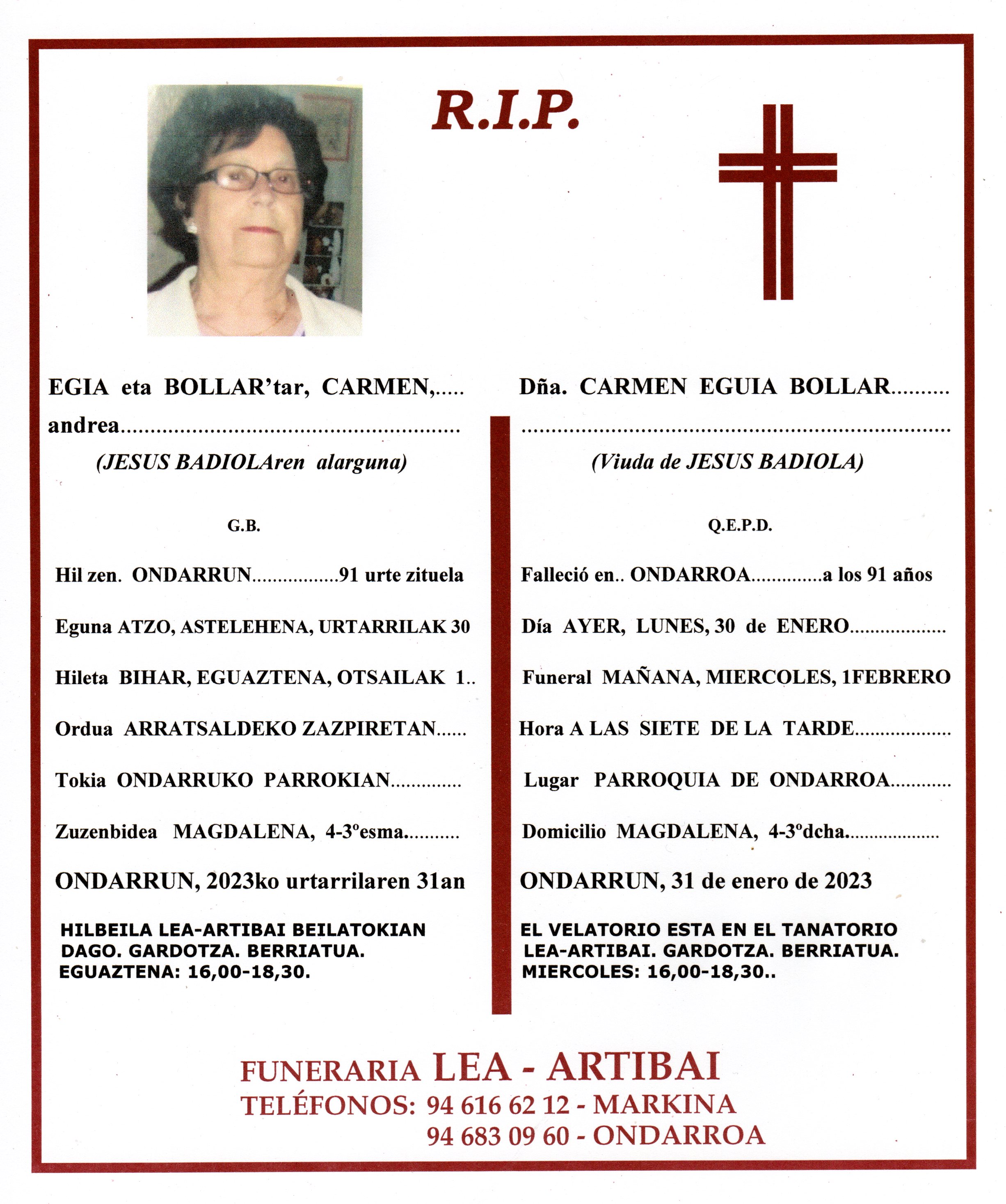 Esquela de Carmen Egia Bollar