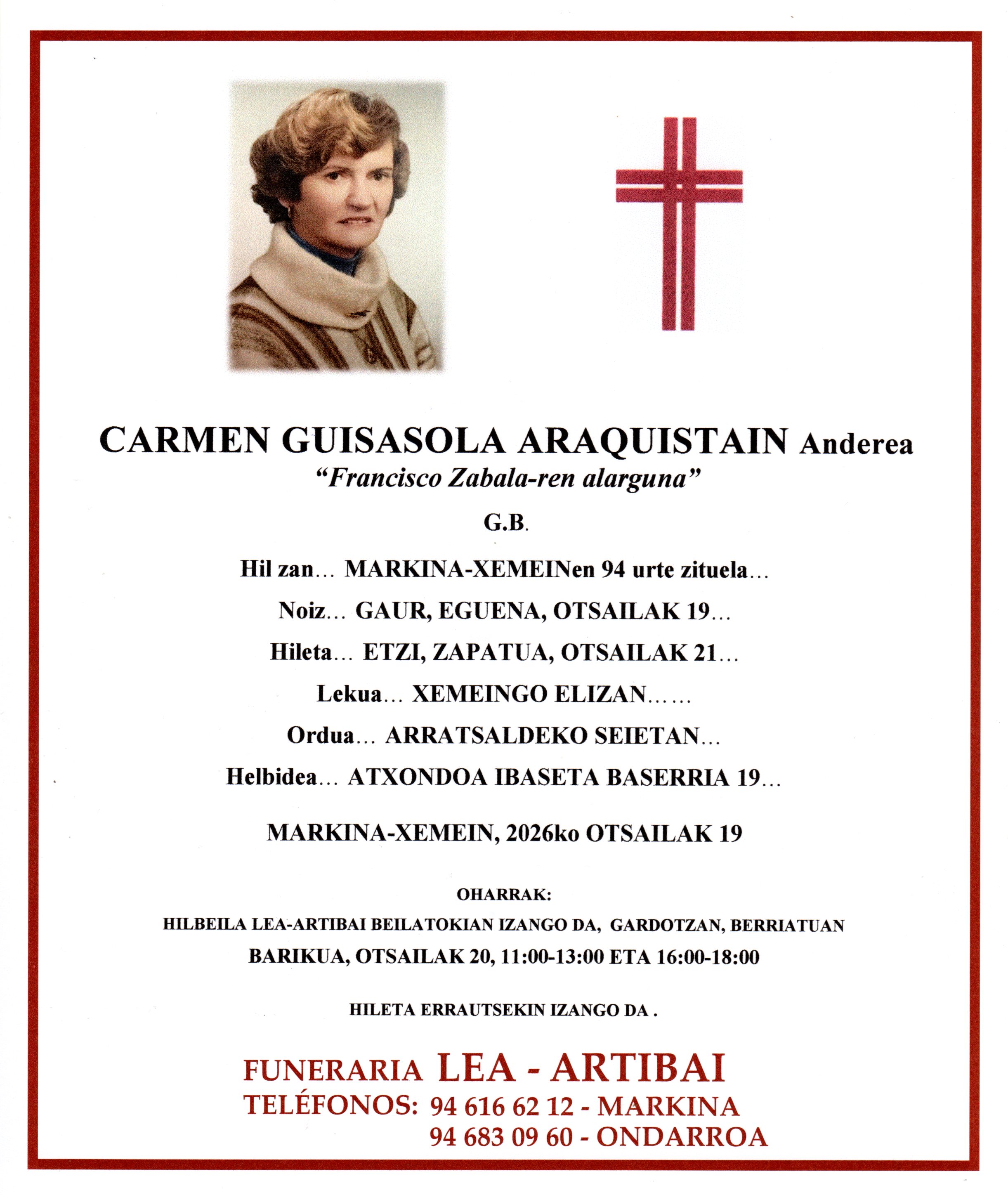 Esquela de Carmen Guisasola Araquistain