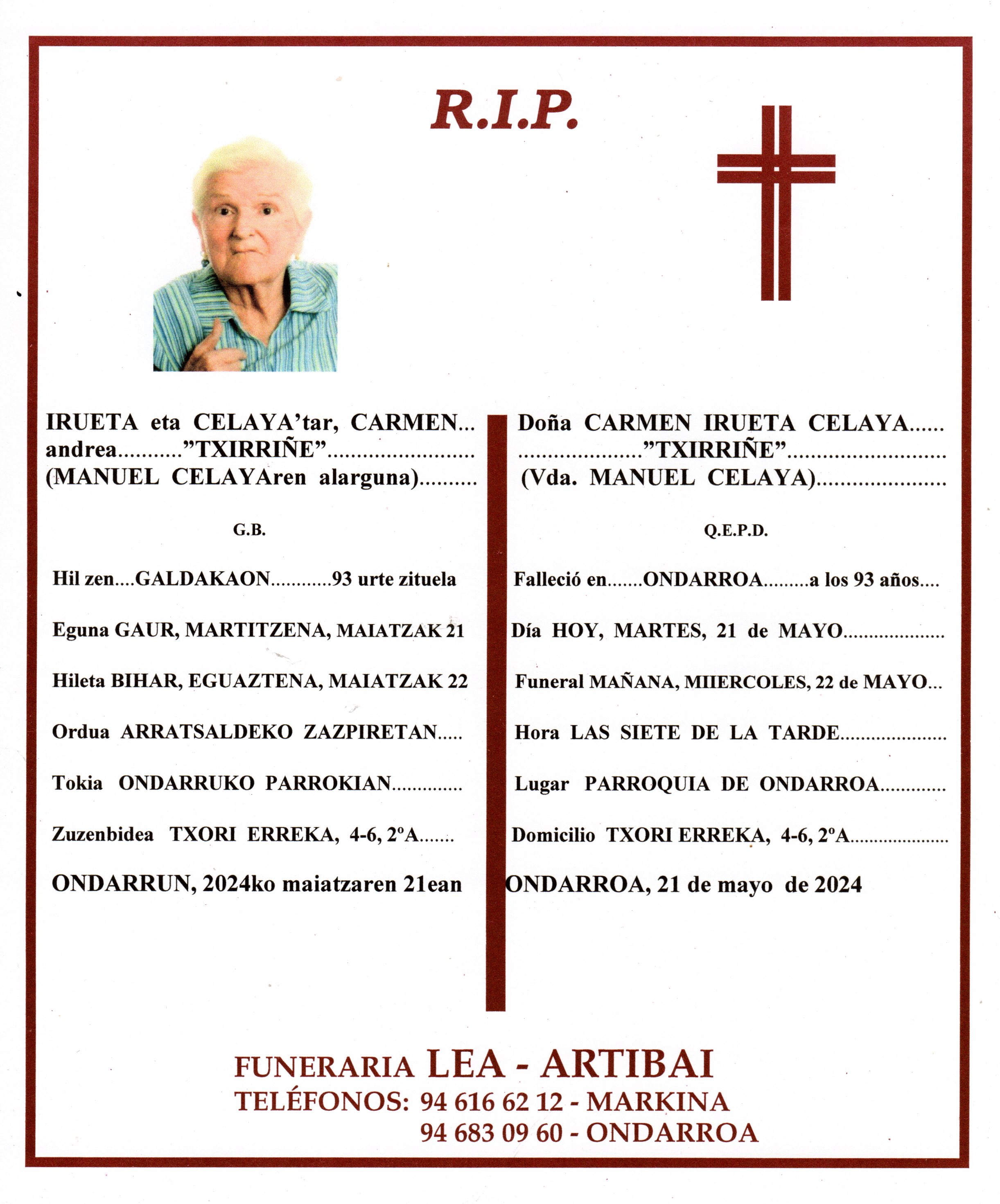 Esquela de Carmen Irueta Celaya