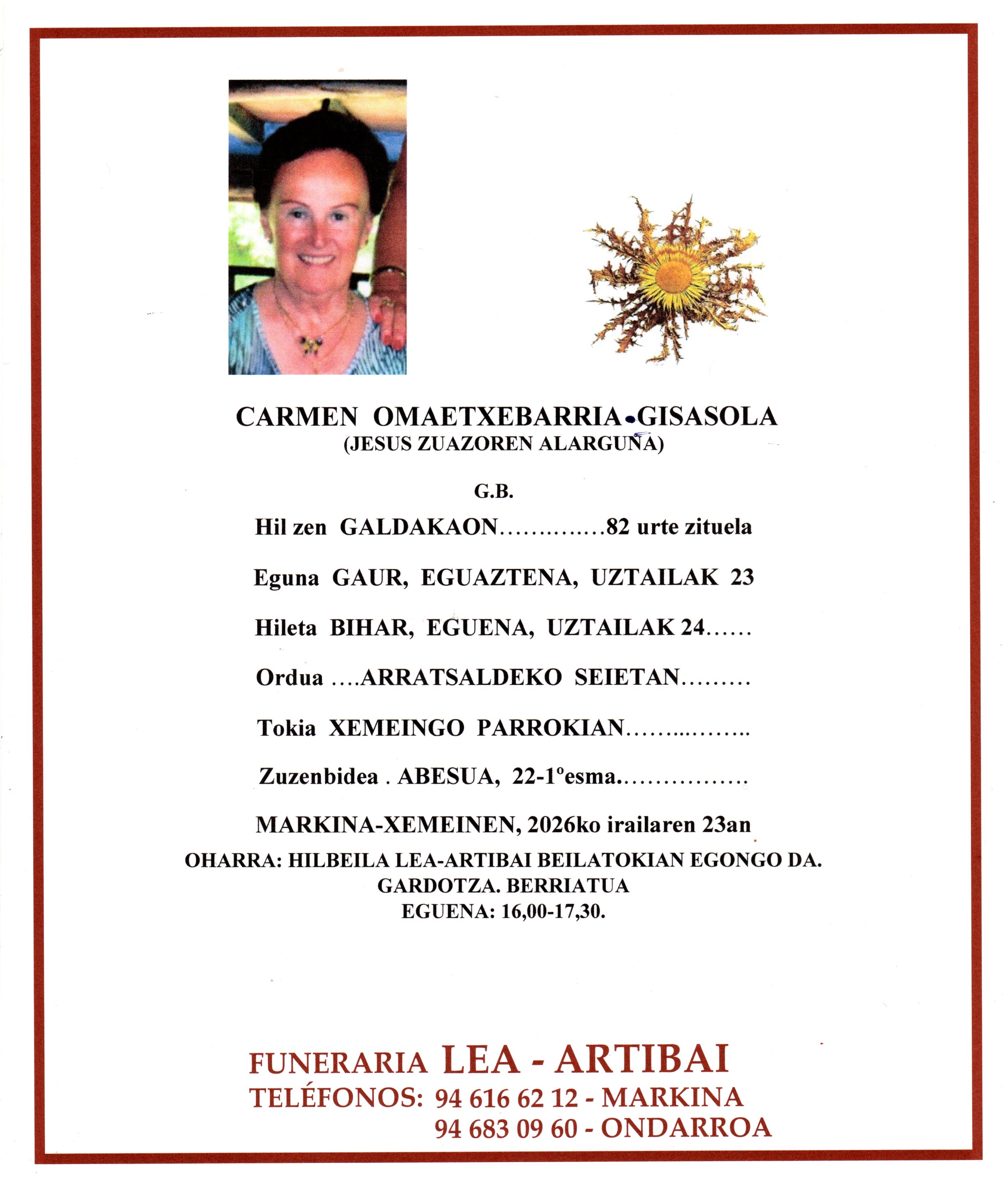 Esquela de Carmen Omaetxebarria Gisasola