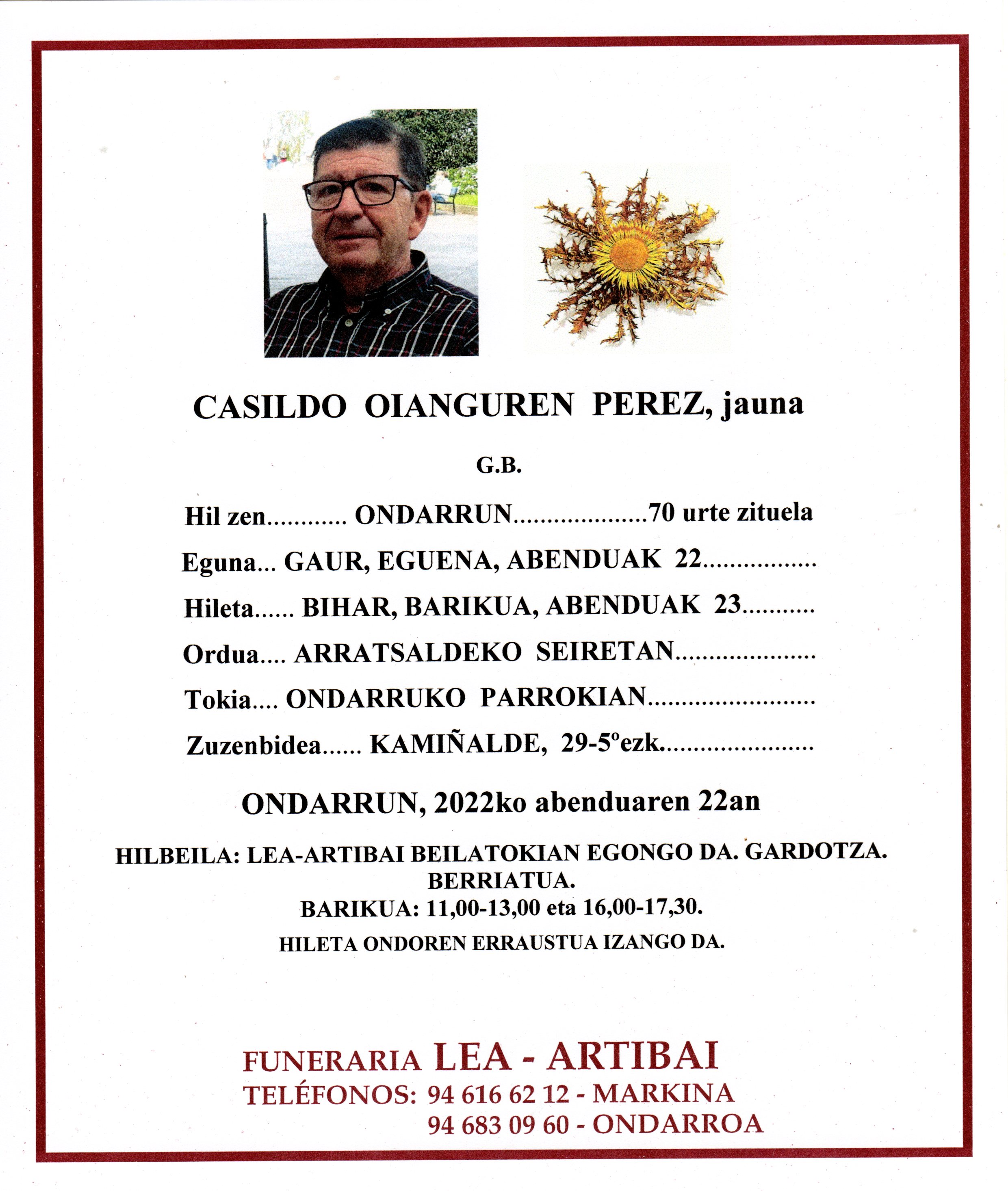Esquela de Casildo Oianguren Perez