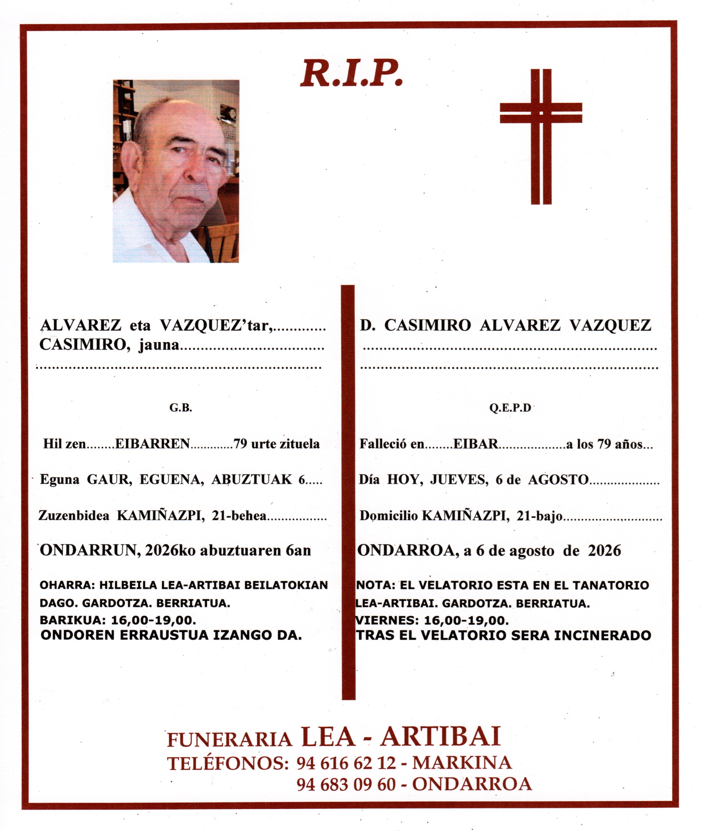 Esquela de Casimiro Alvarez Vazquez