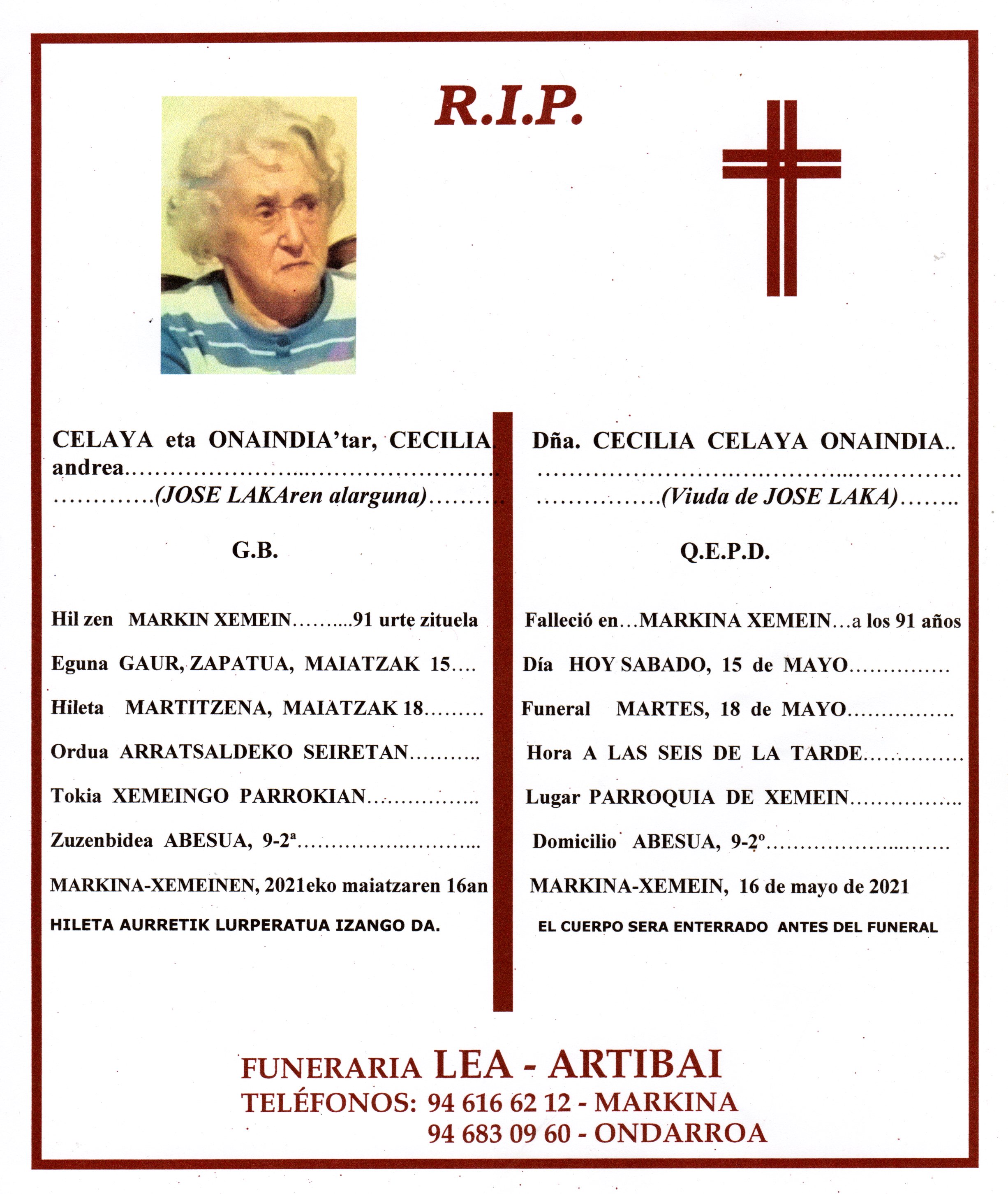 Esquela de Cecilia Celaya Onaindia