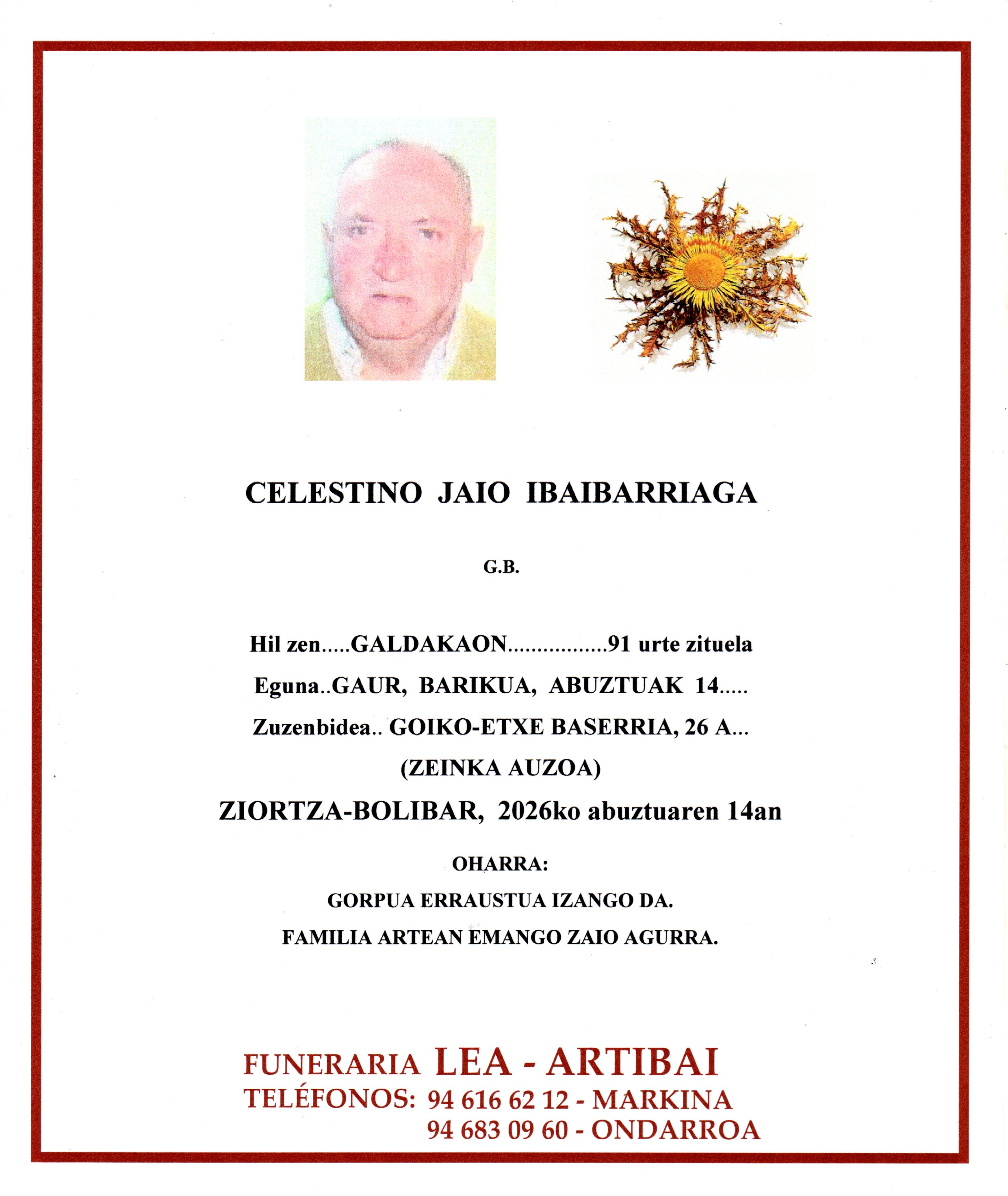 Esquela de Celestino Jaio Ibaibarriaga