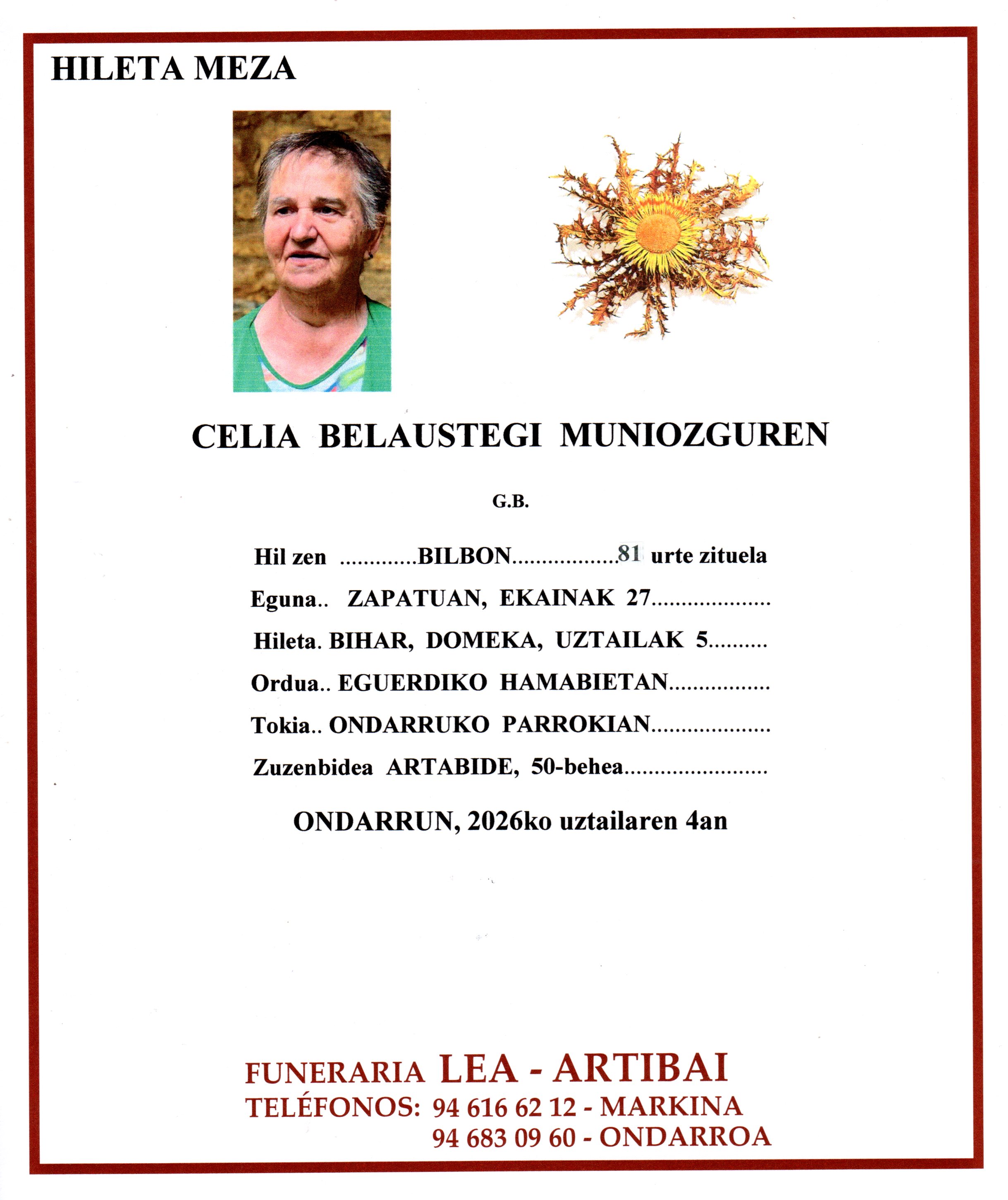 Esquela de Celia Belaustegi Muniozguren