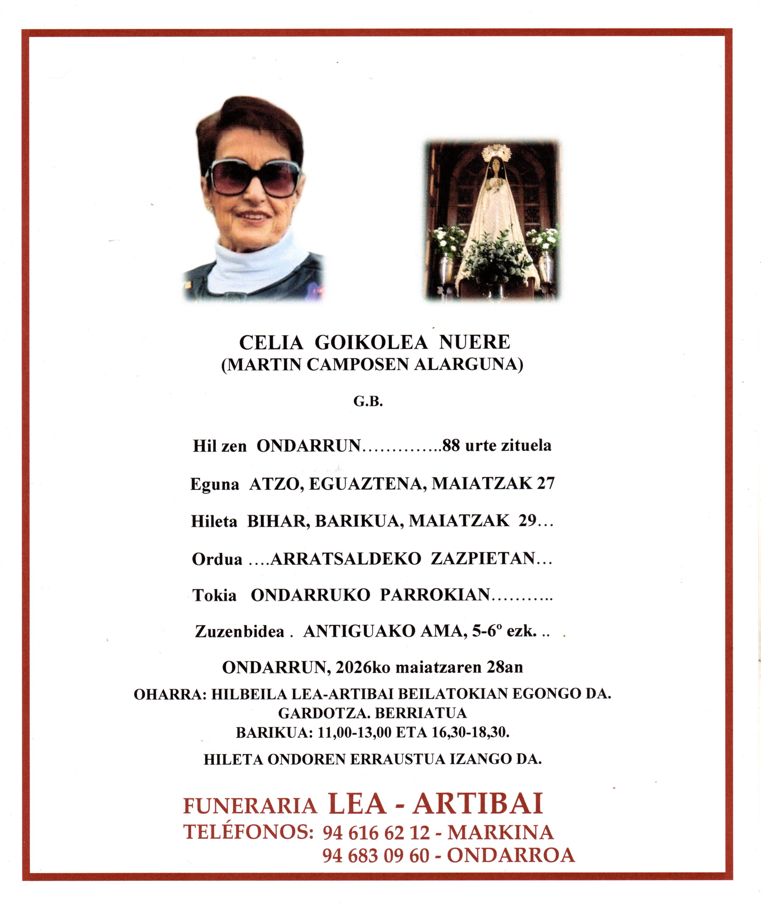 Esquela de Celia Goikolea Nuere