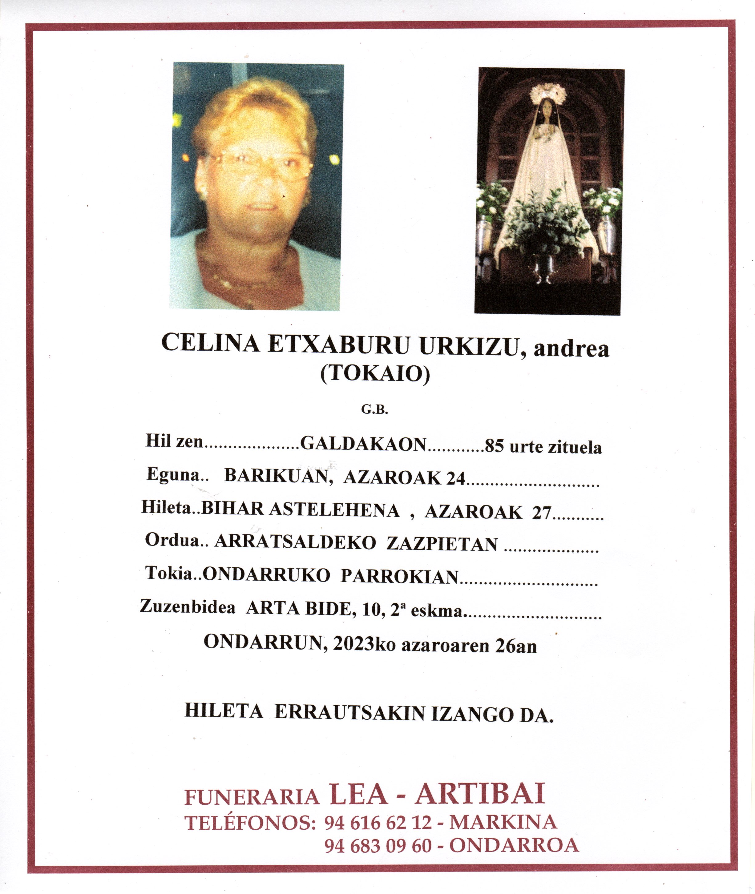 Esquela de Celina Etxaburu Urkizu