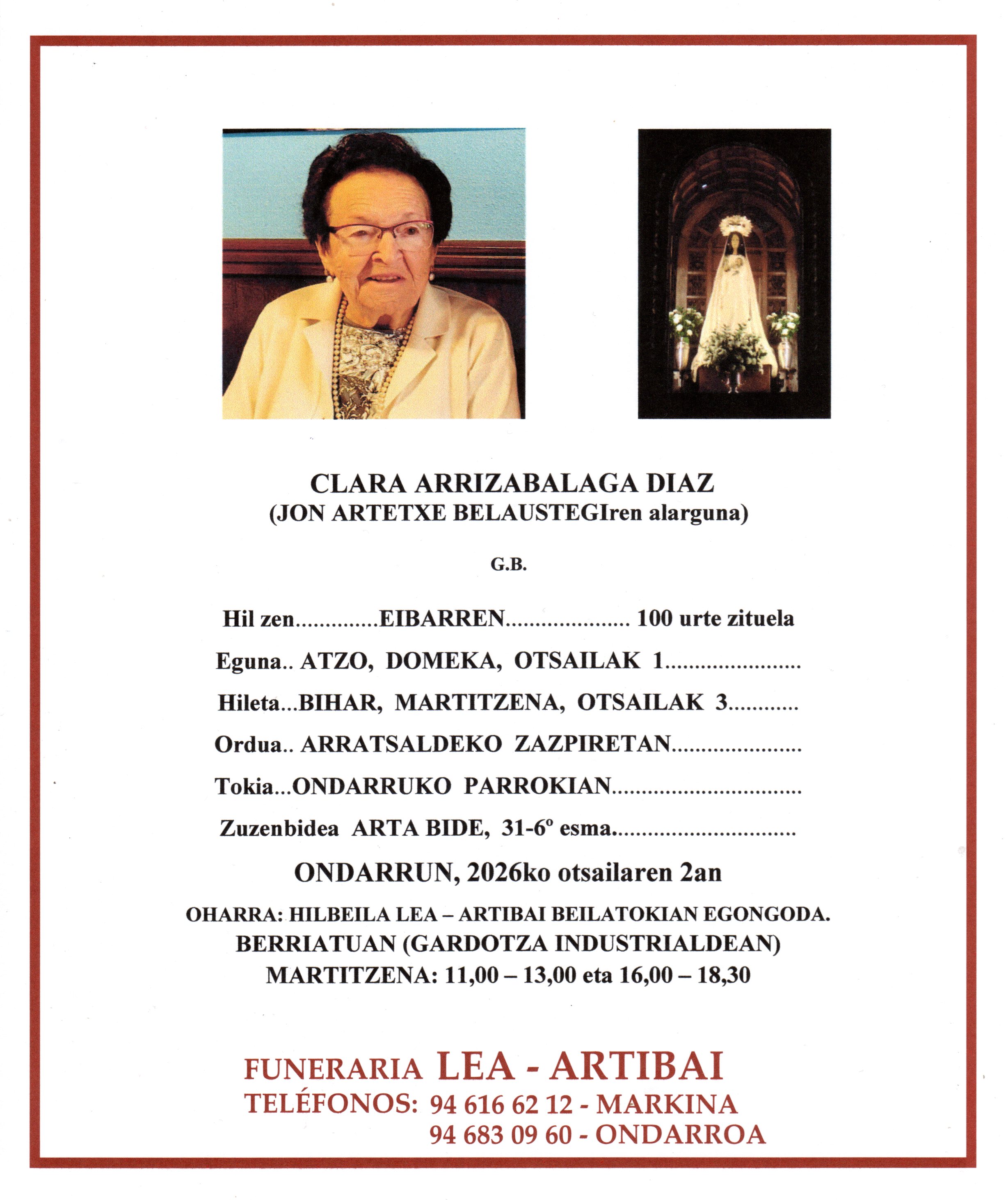 Esquela de Clara Arrizabalaga Diaz