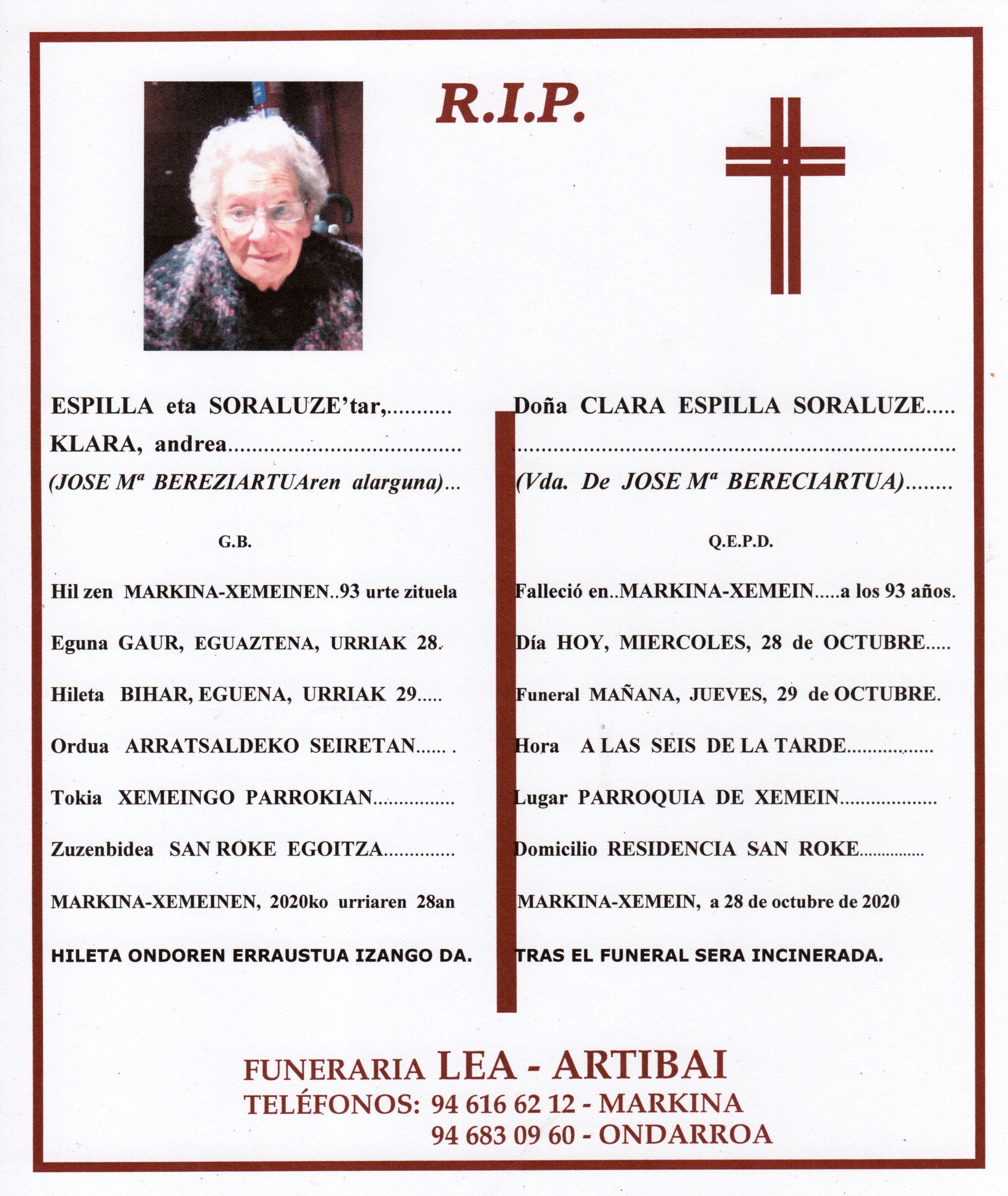 Esquela de Clara Espilla Soraluze