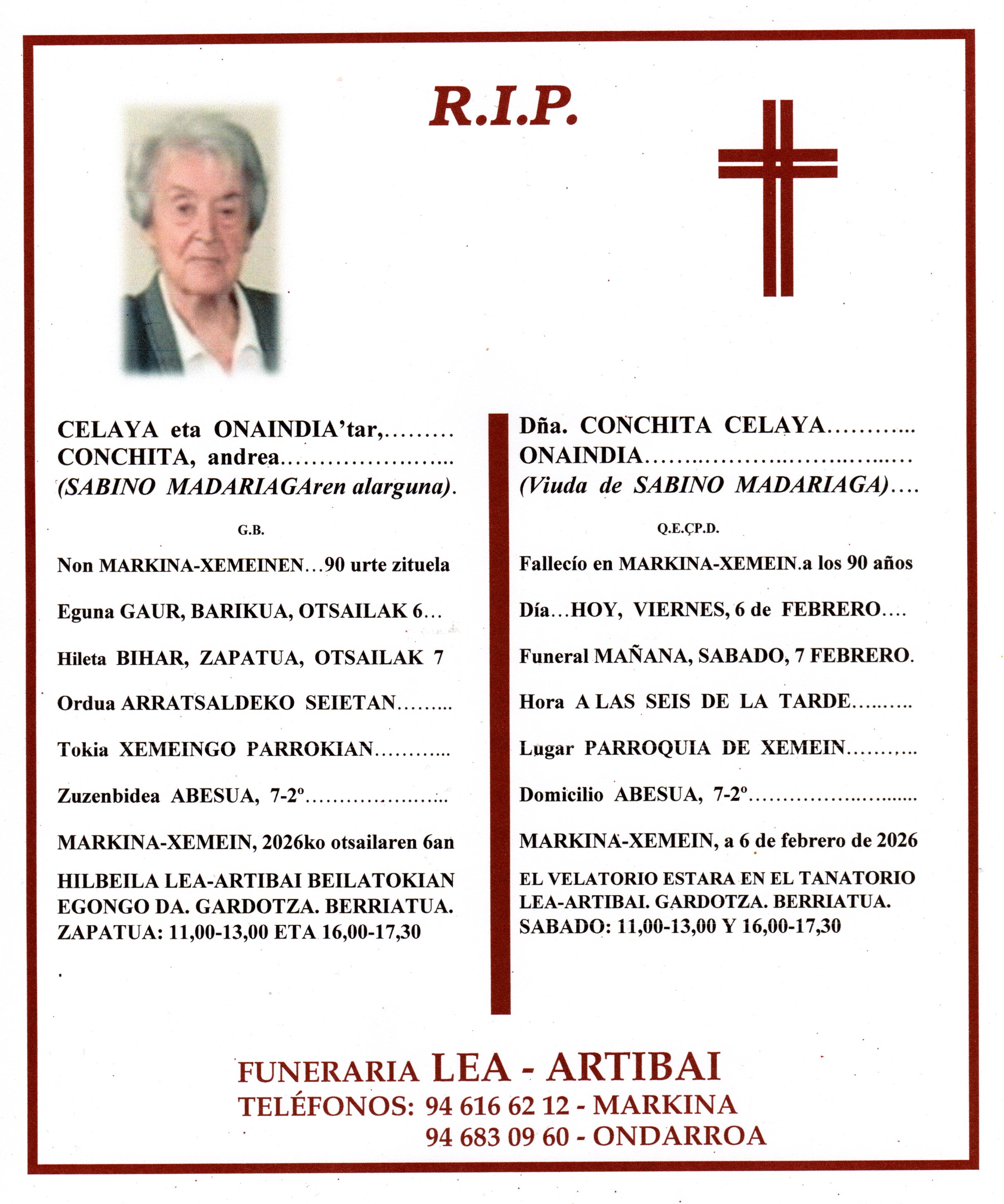 Esquela de Conchita Celaya Onaindia