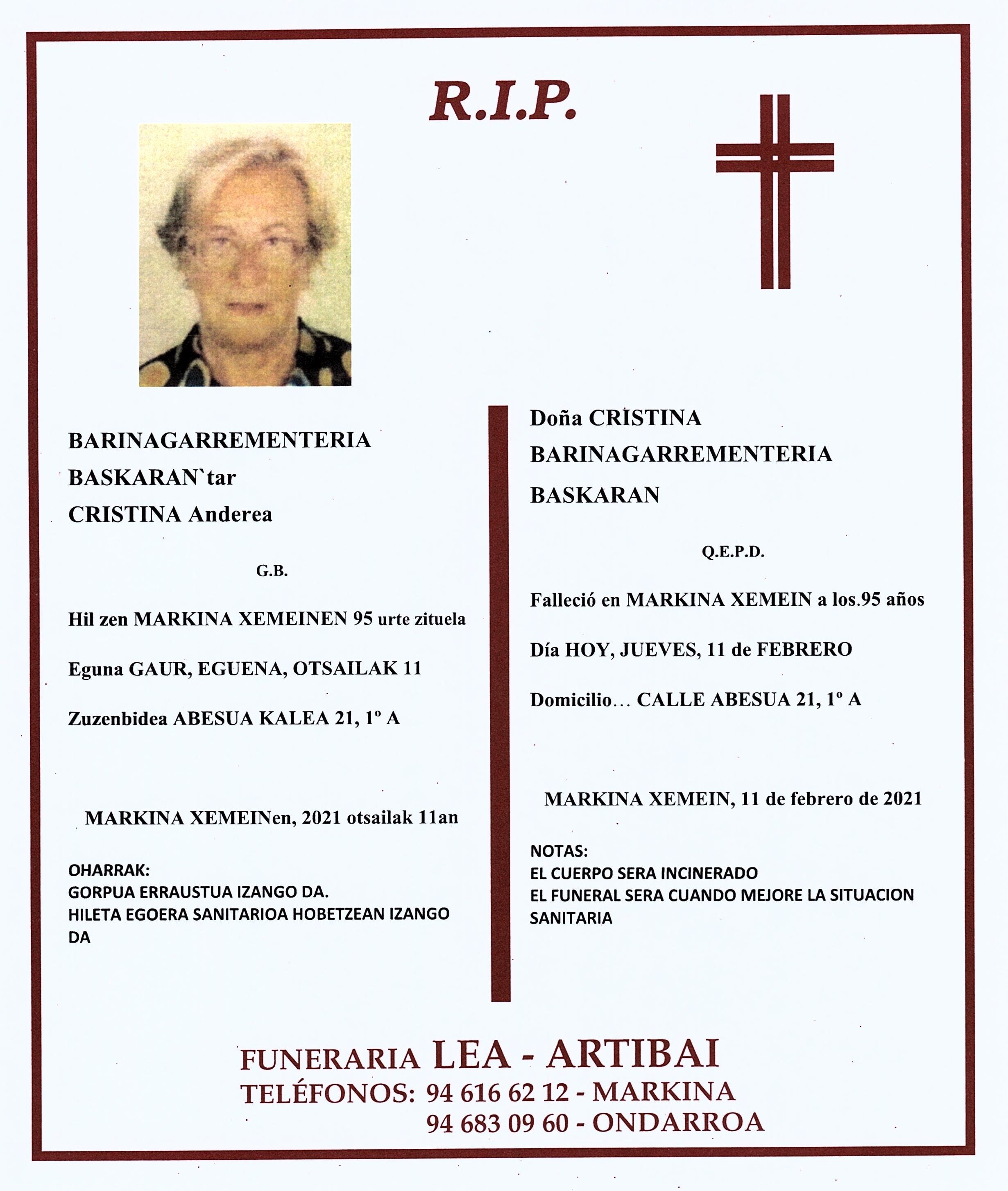 Esquela de Cristina Barinagarrementeria Baskaran