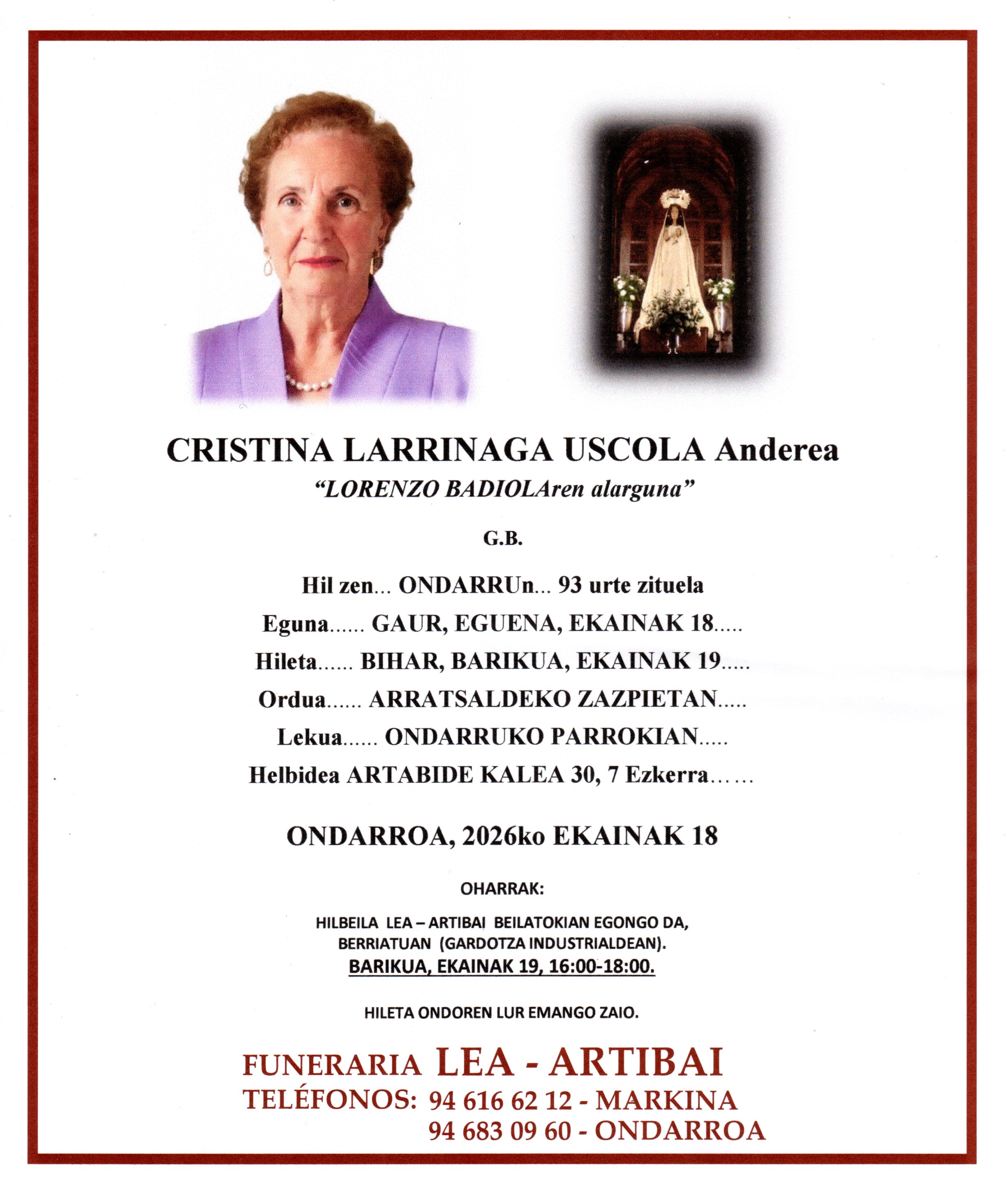 Esquela de Cristina Larrinaga Uscola