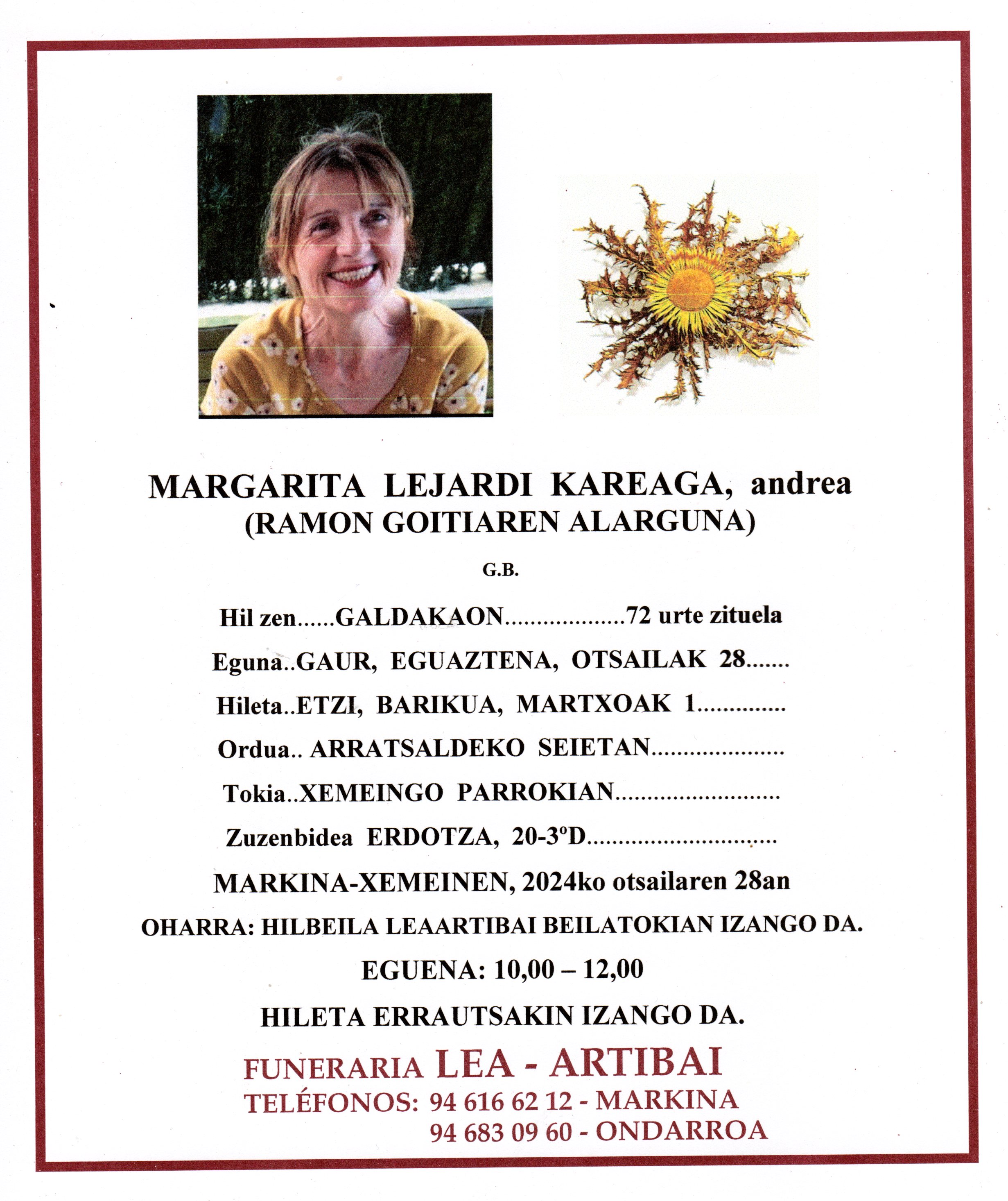 Esquela de Margarita Lejardi Kareaga