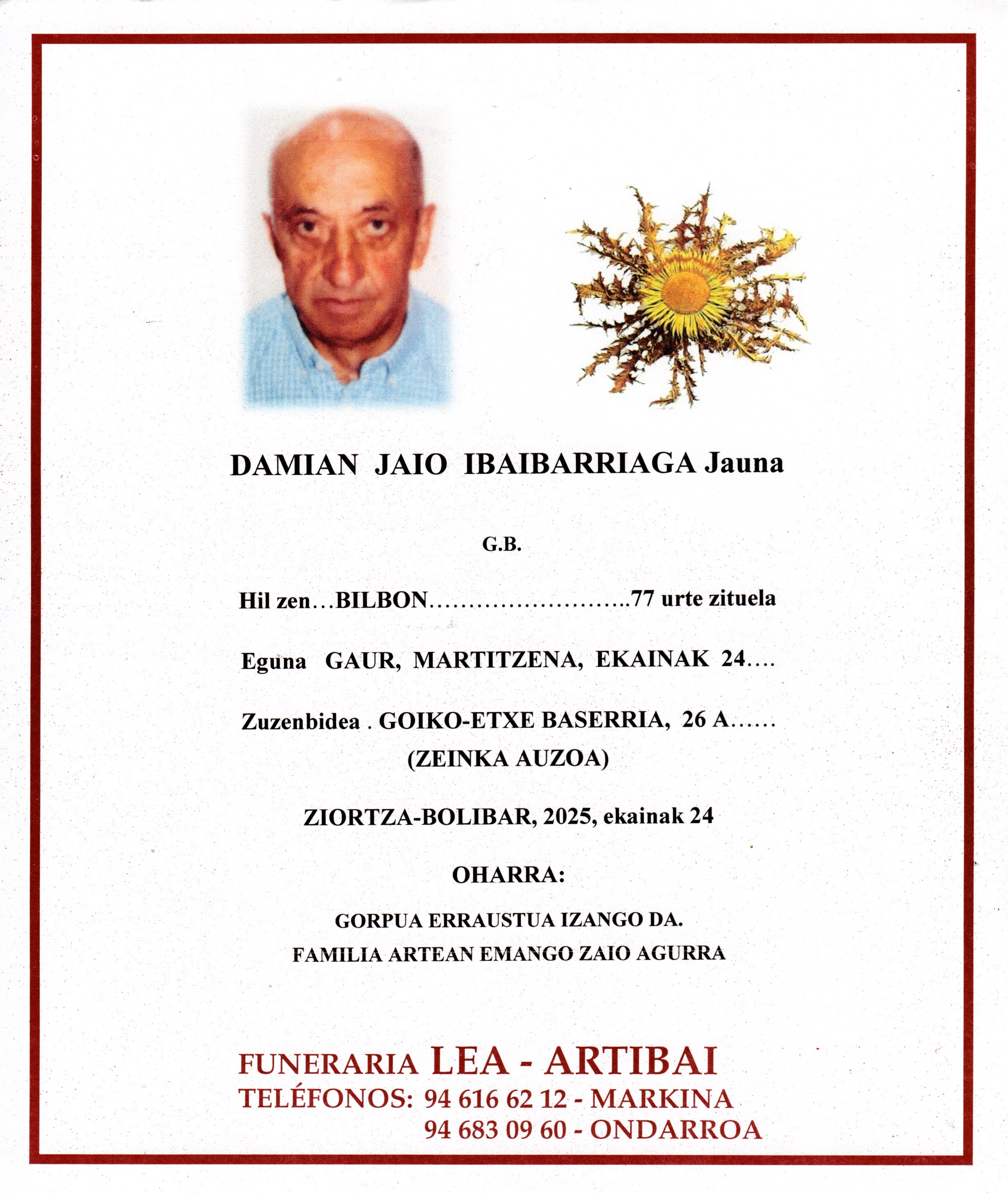 Esquela de Damian Jaio Ibaibarriaga