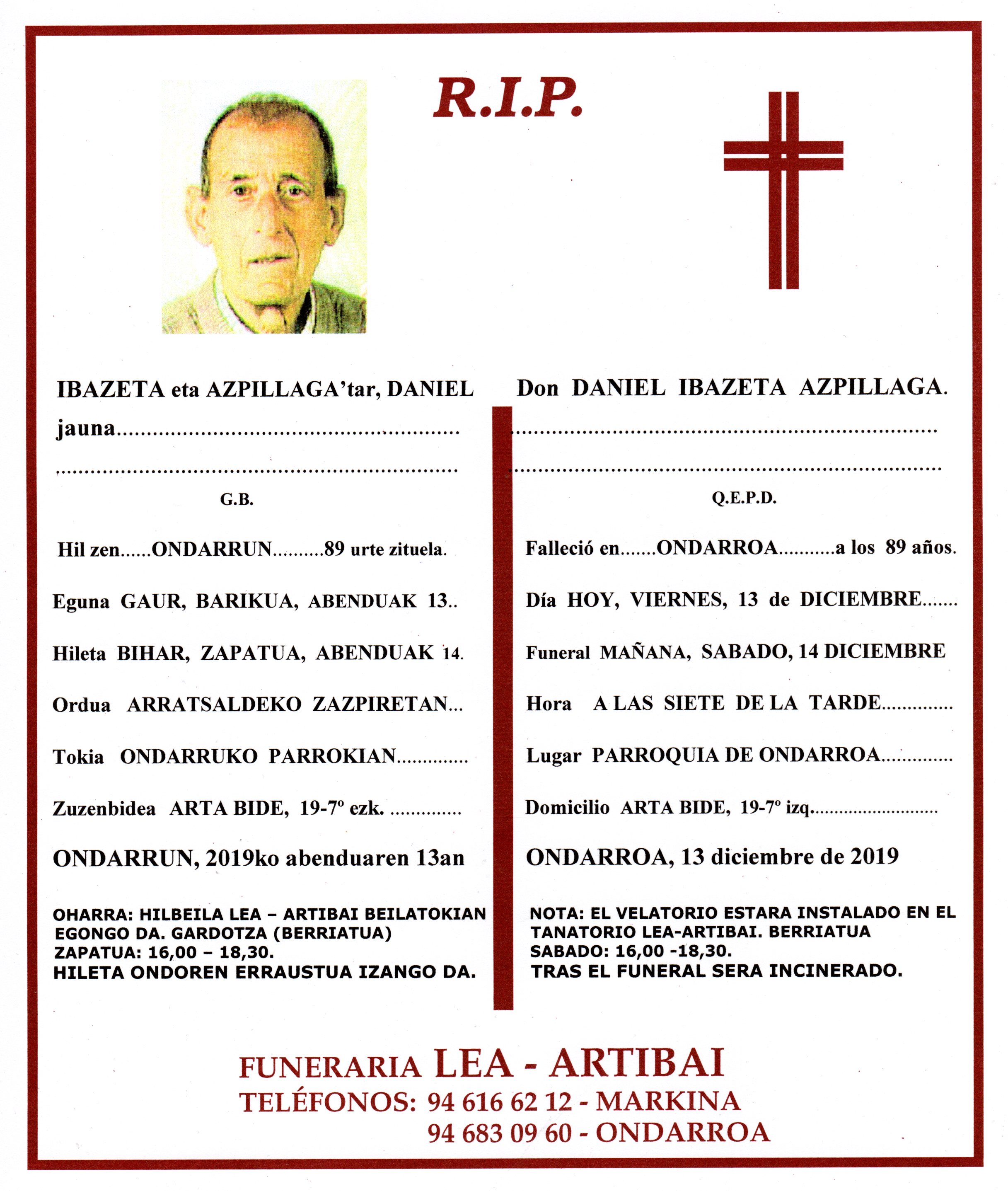 Esquela de Daniel Ibazeta Azpillaga