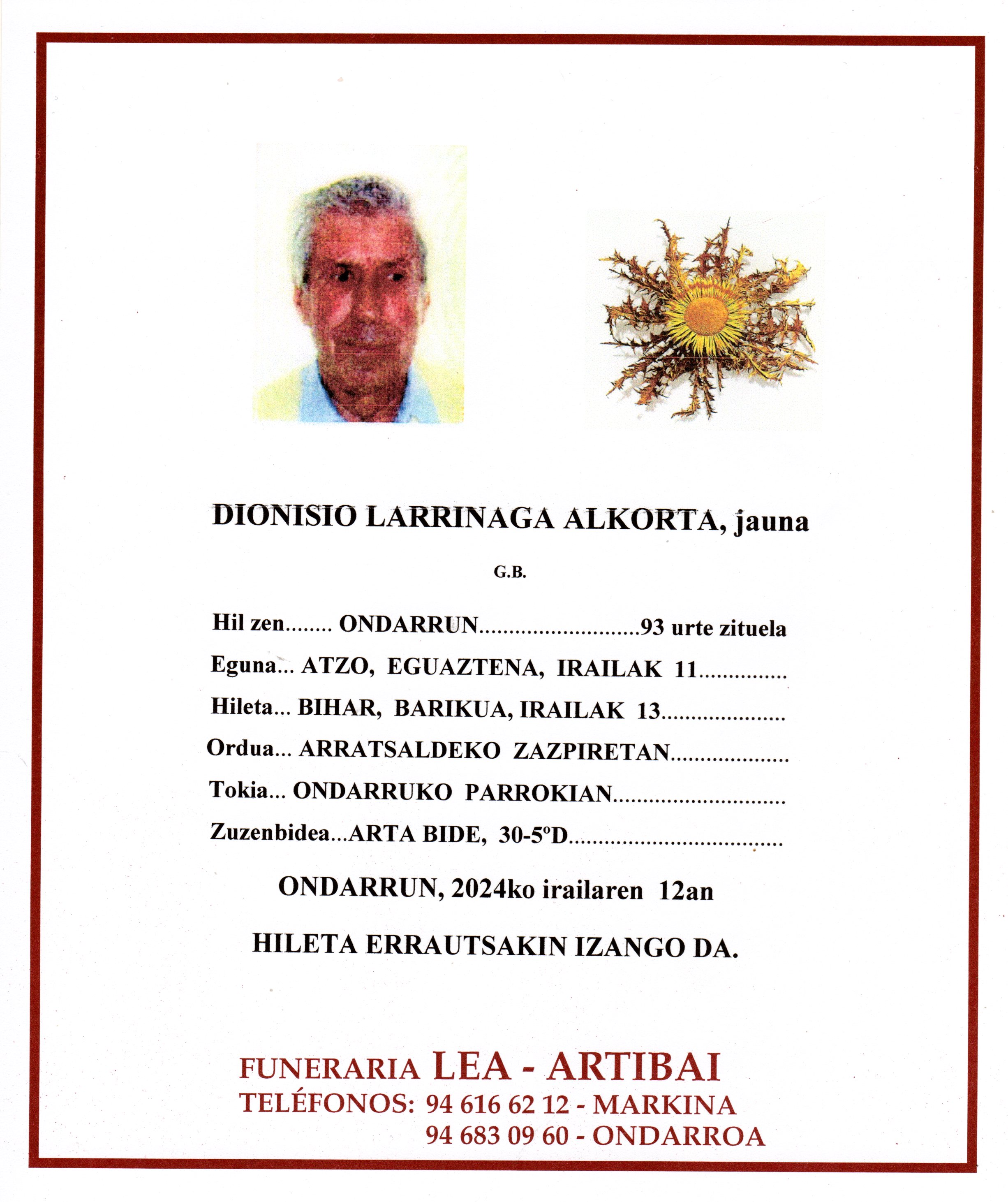 Esquela de Dionisio Larrinaga Alkorta