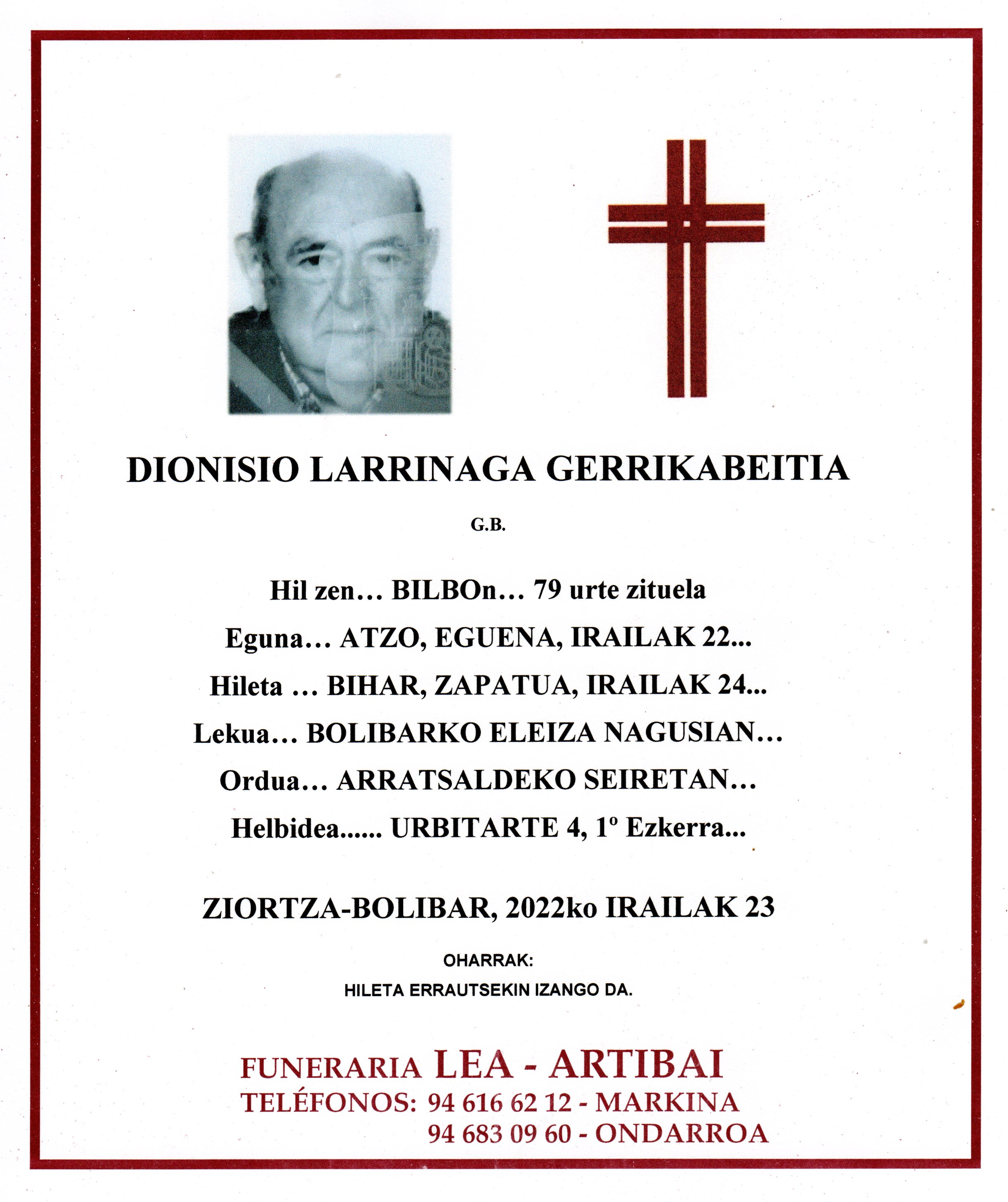 Esquela de Dionisio Larrinaga Gerrikabeitia