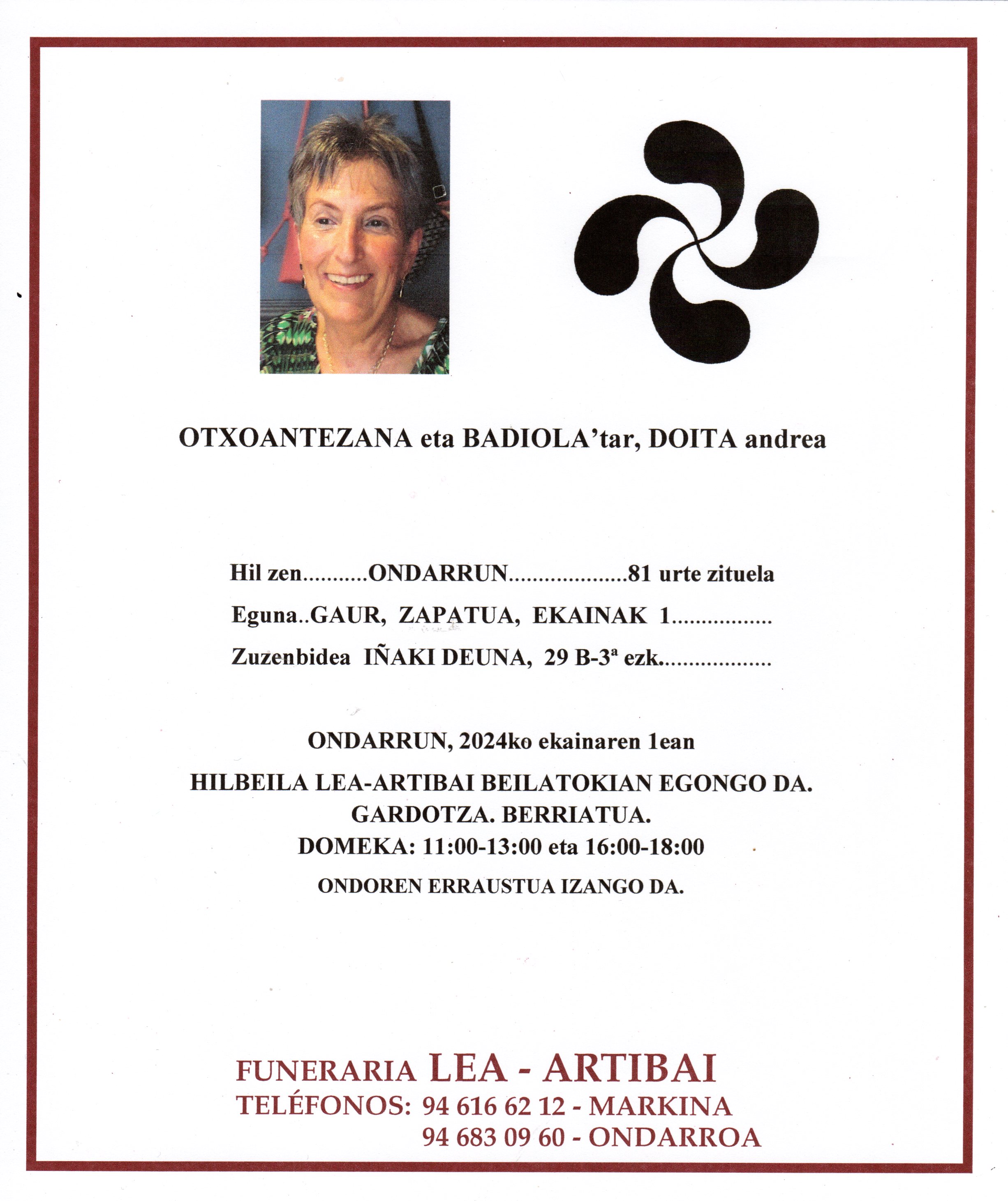 Esquela de Doita Otxoantezana Badiola
