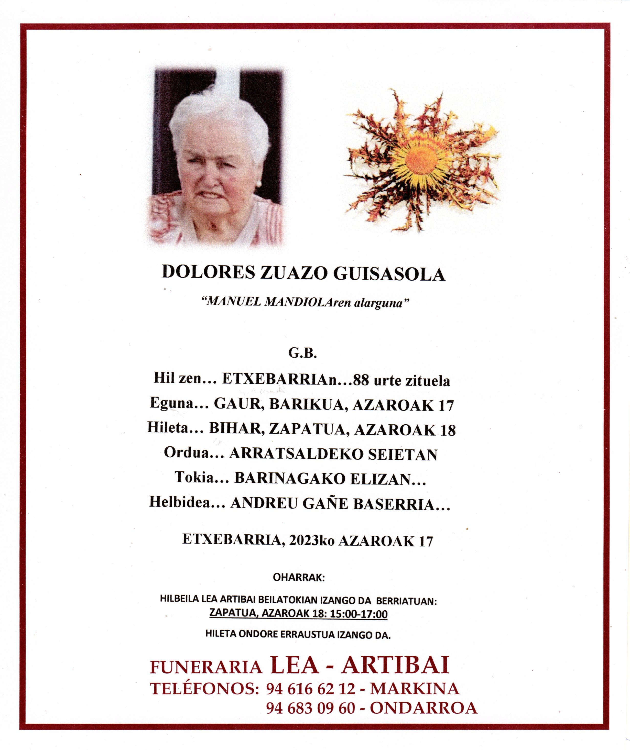 Esquela de Dolores Zuazo Gisasola