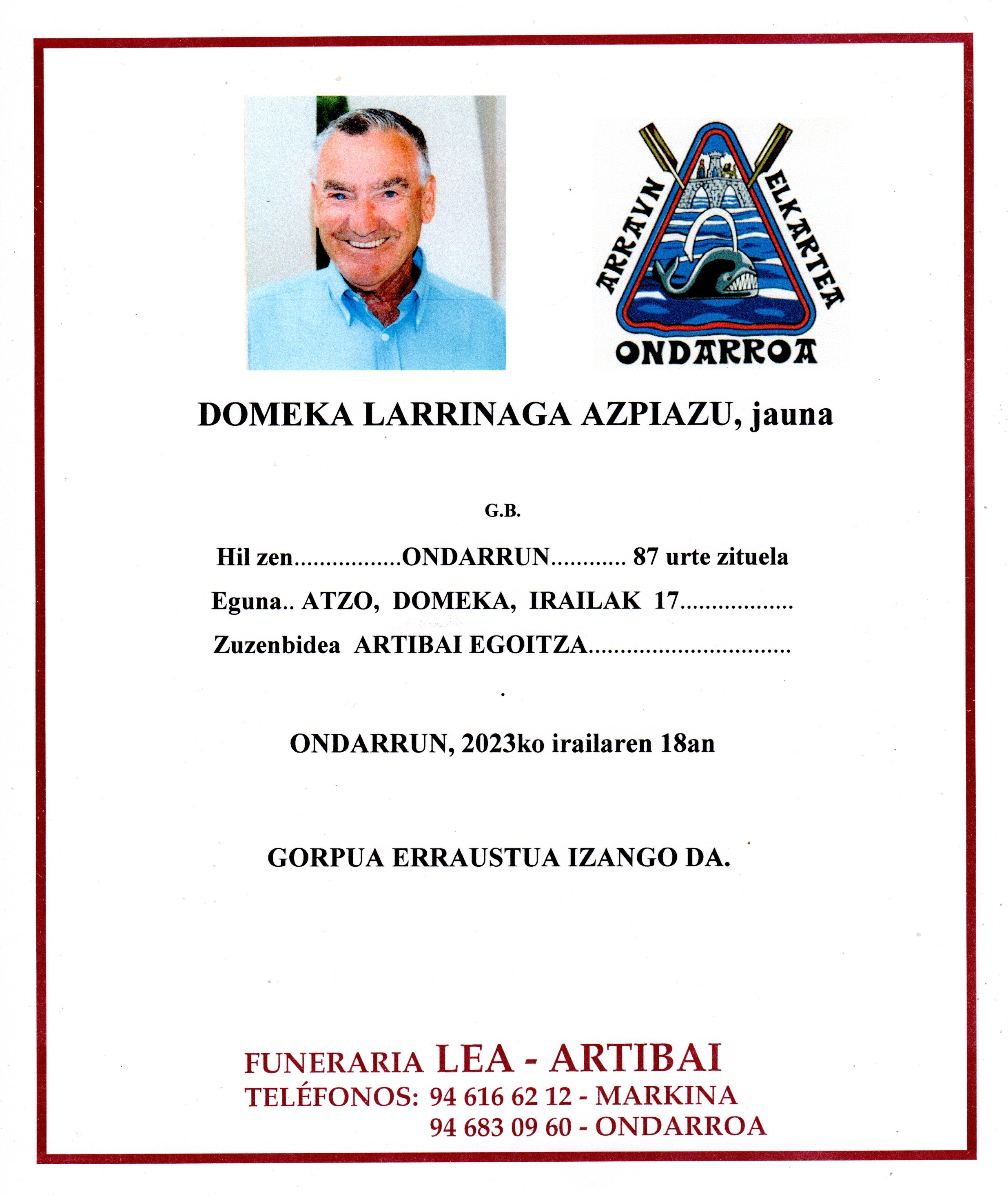 Esquela de Domeka Larrinaga Azpiazu