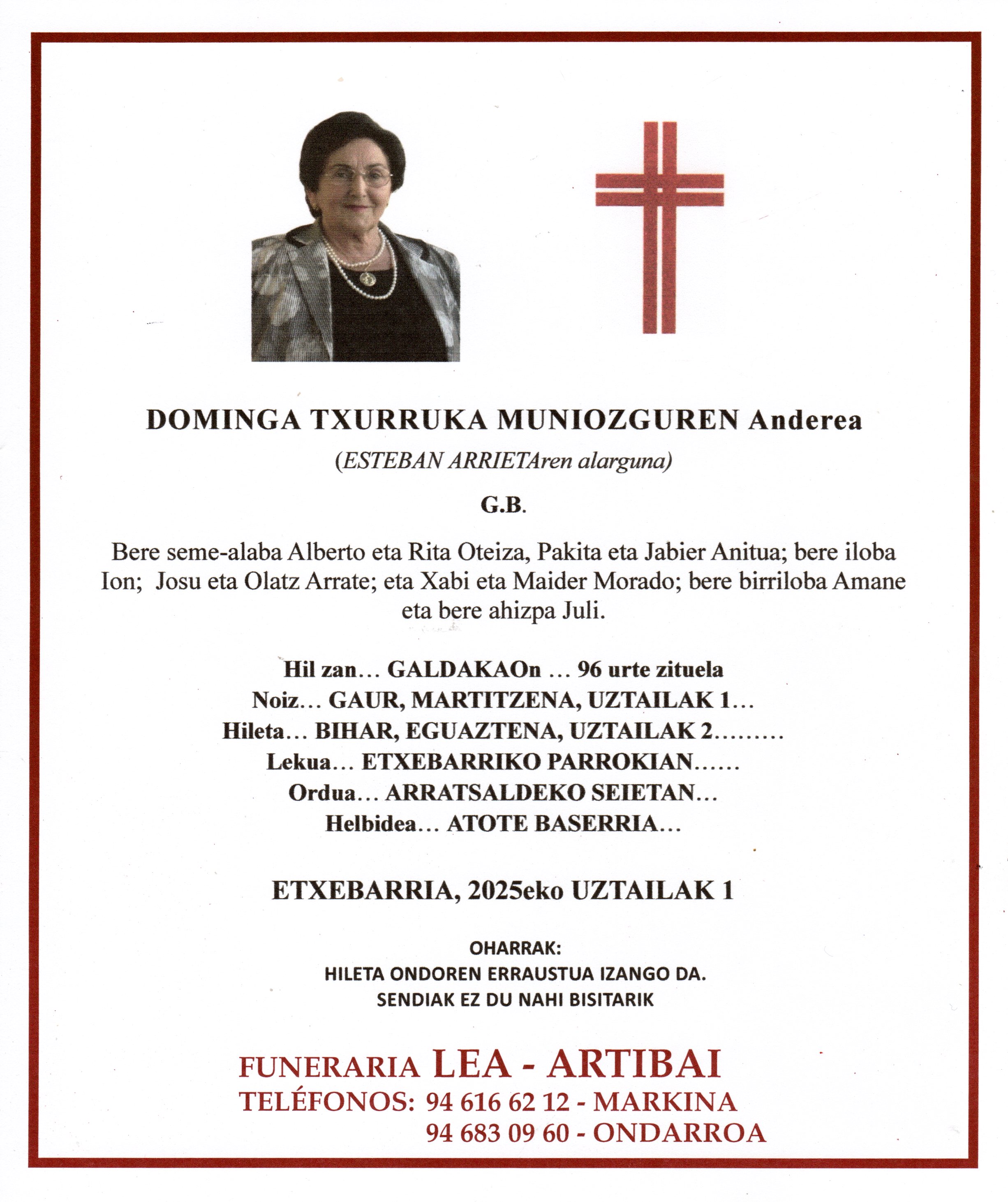 Esquela de Dominga Txurruka Muniozguren