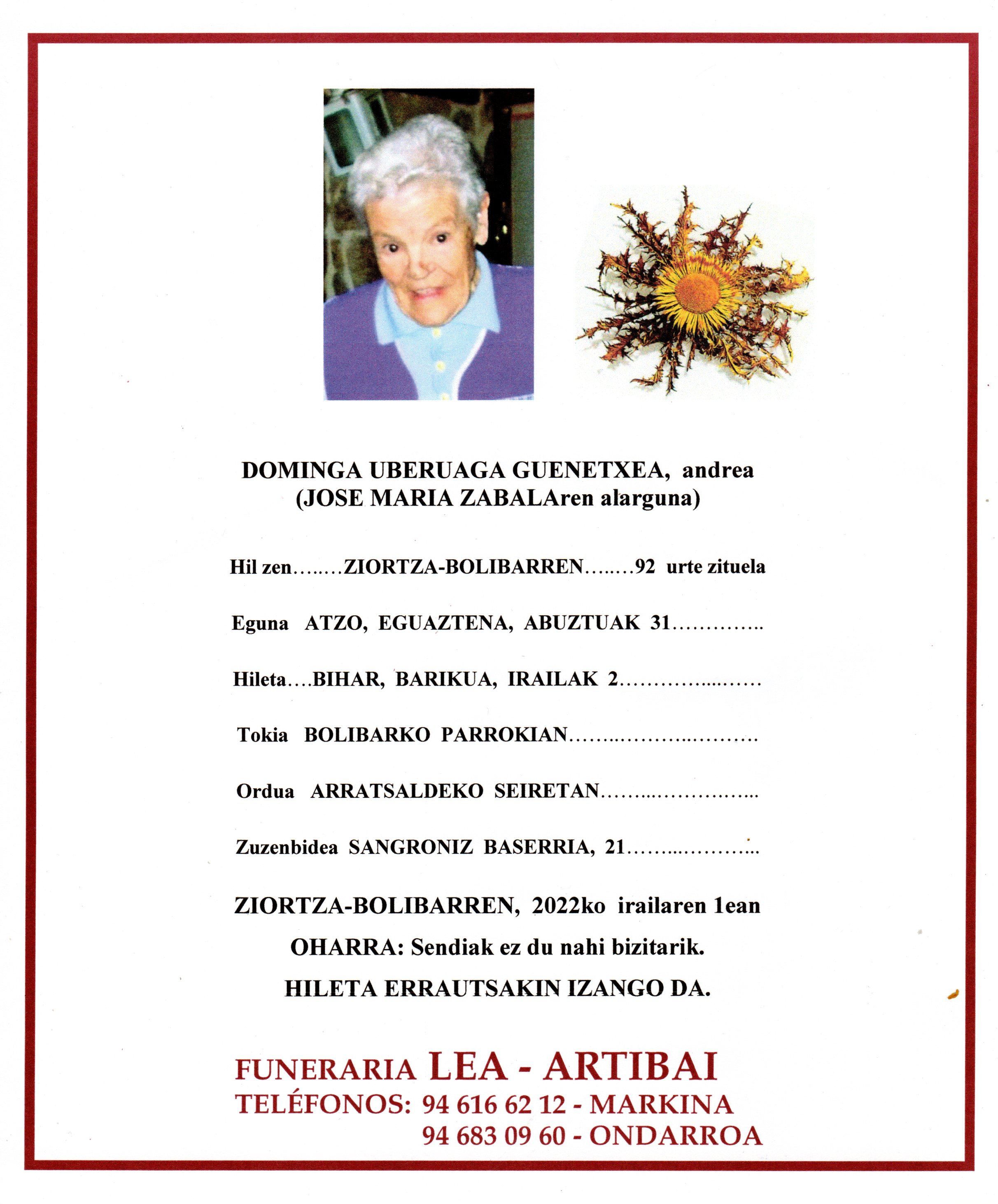 Esquela de Dominga Uberuaga Guenetxea