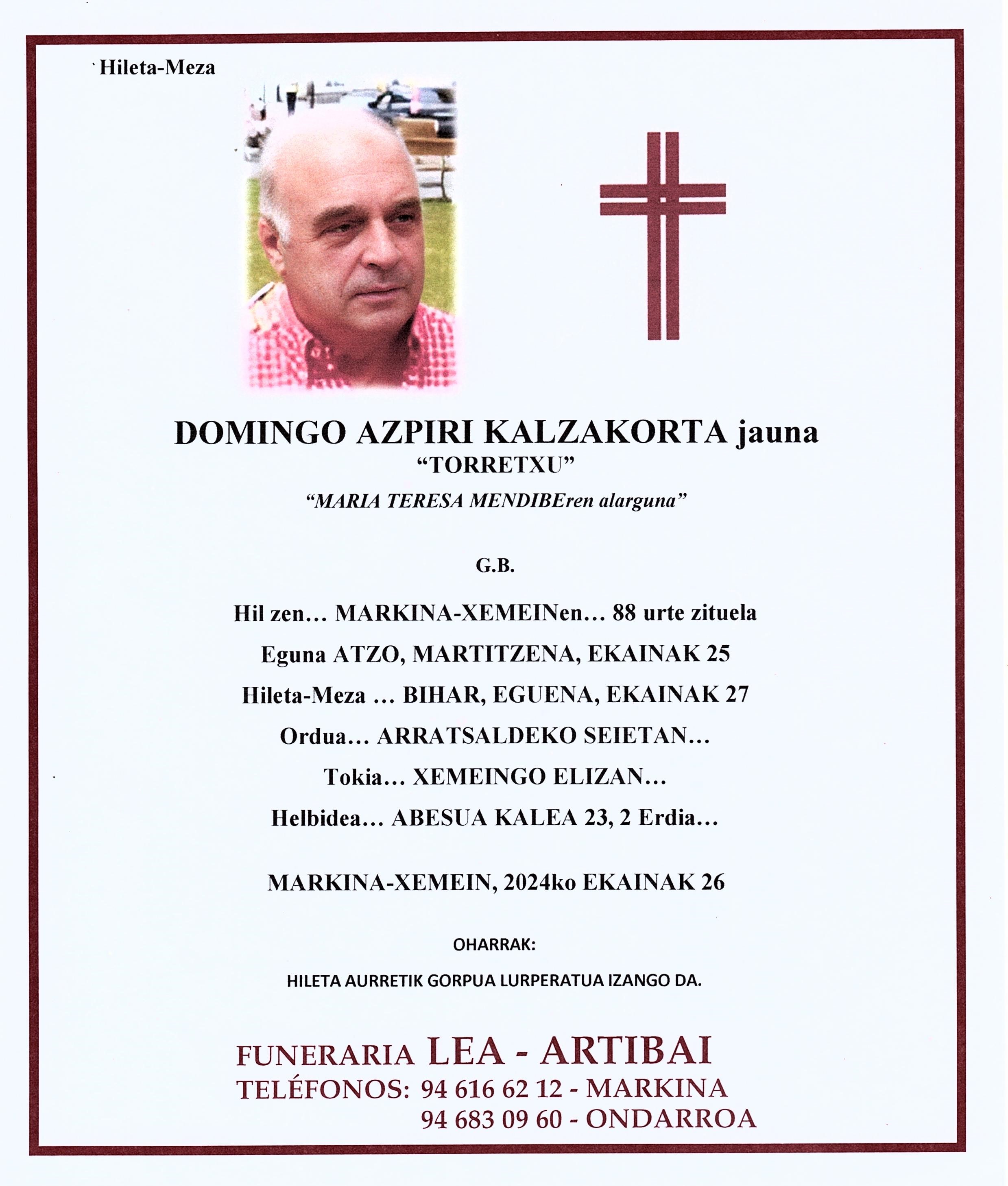 Esquela de Domingo Azpiri Kalzakorta