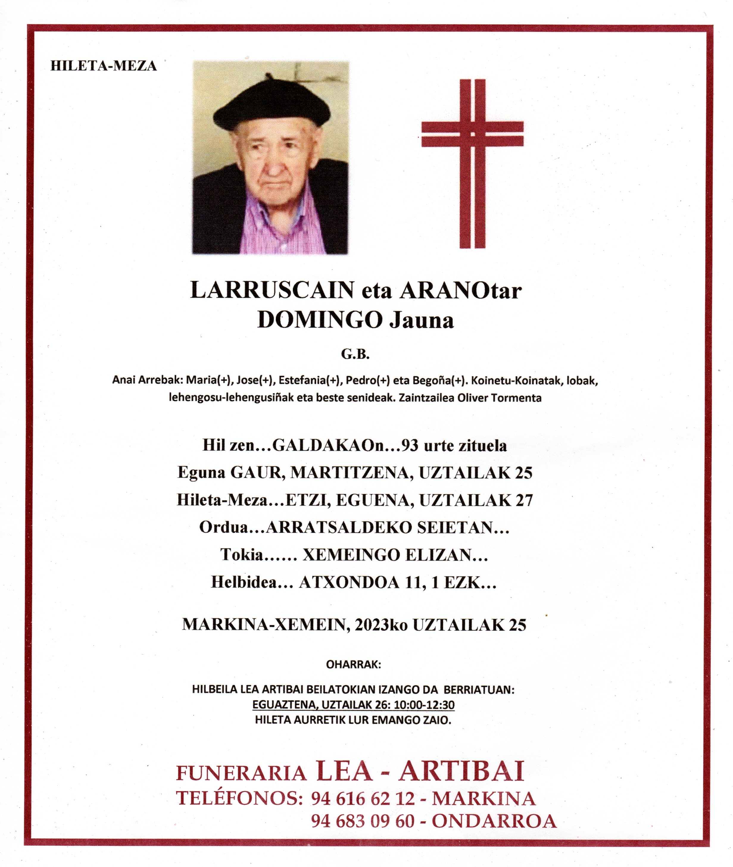 Esquela de Domingo Larruscain Arano