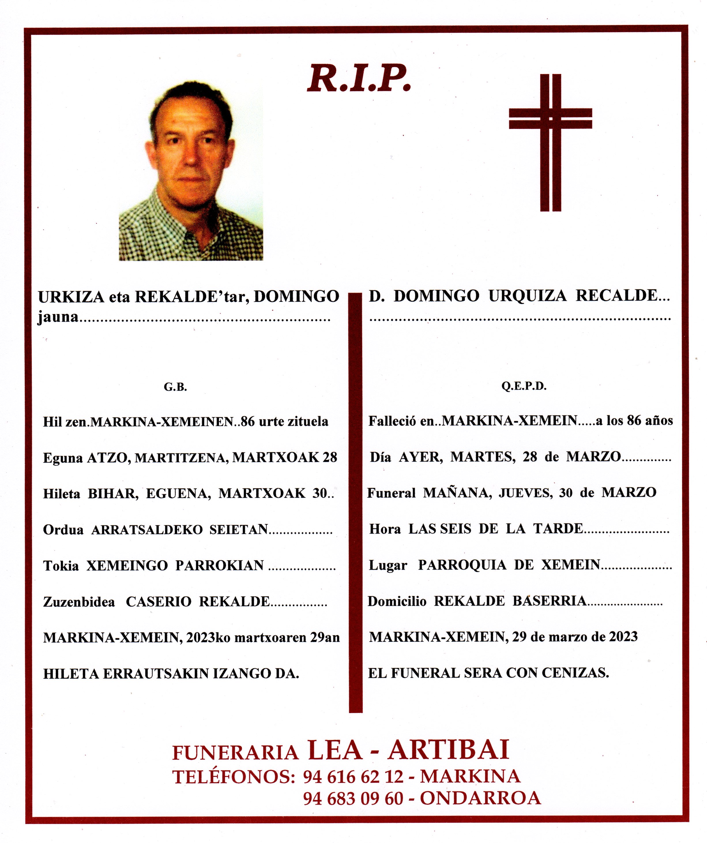 Esquela de Domingo Urkiza Rekalde