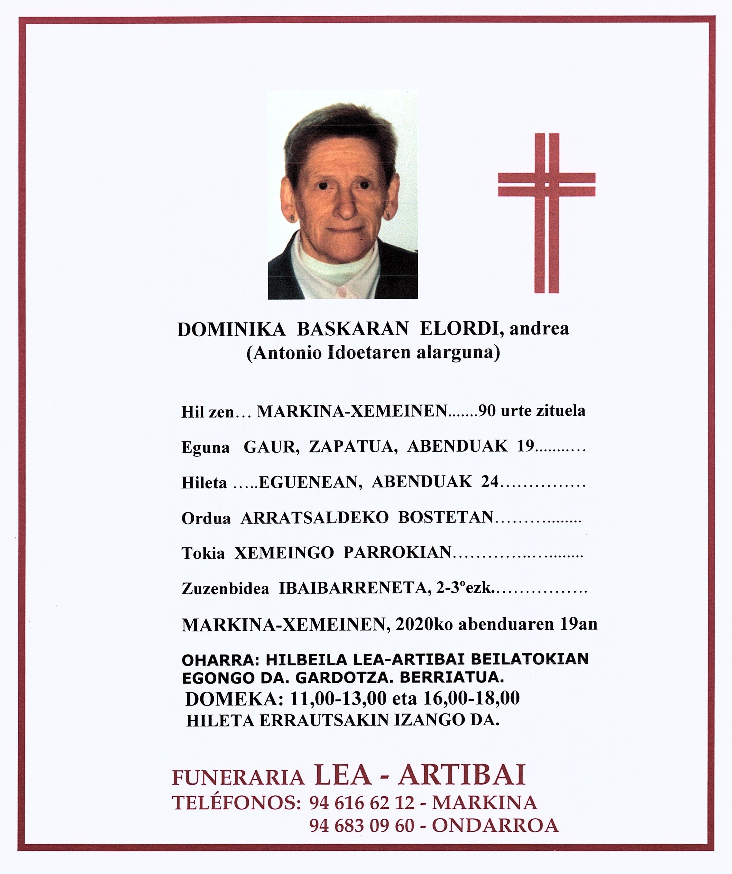 Esquela de Dominika Baskaran Elordi