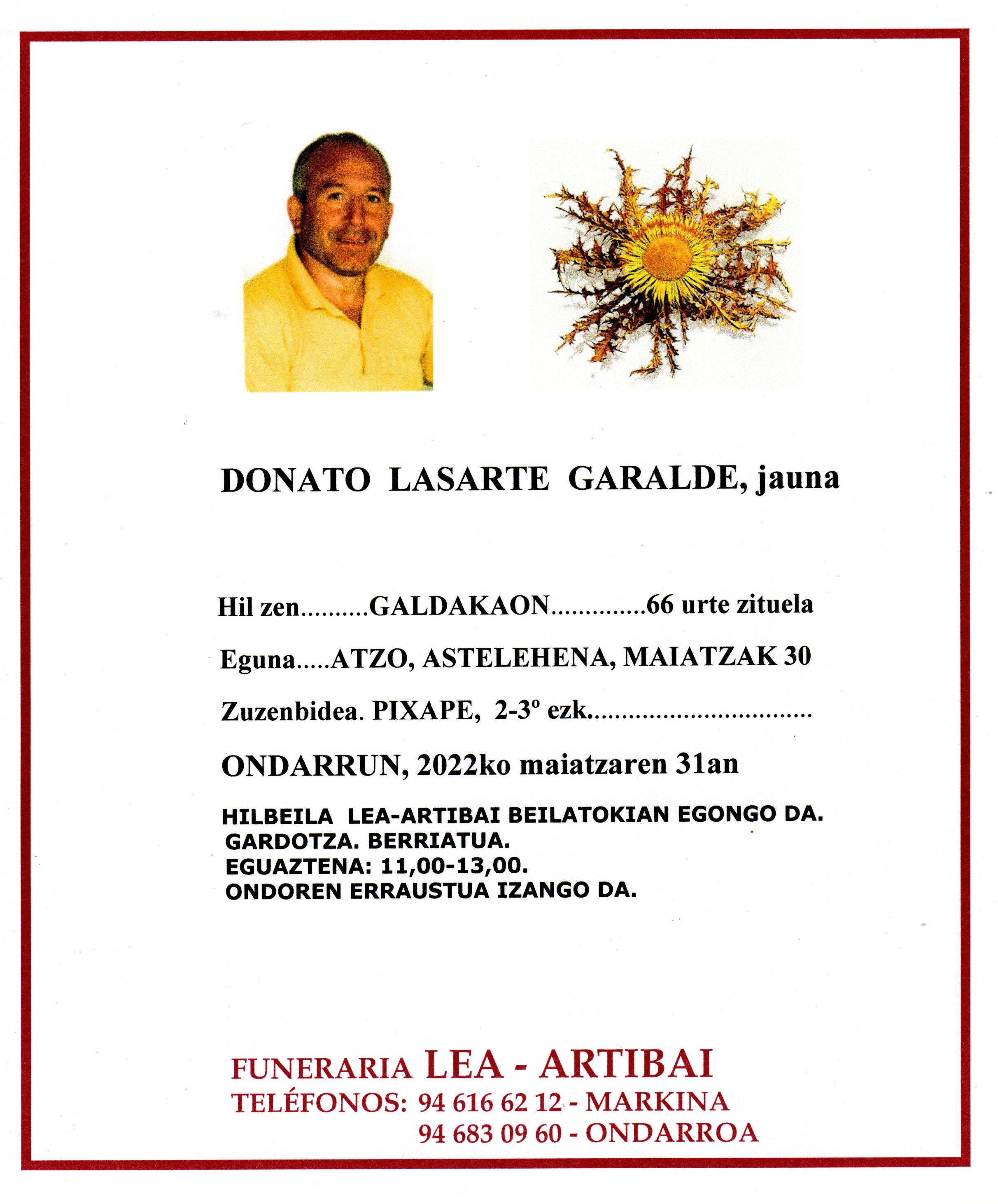 Esquela de Donato Lasarte Garalde