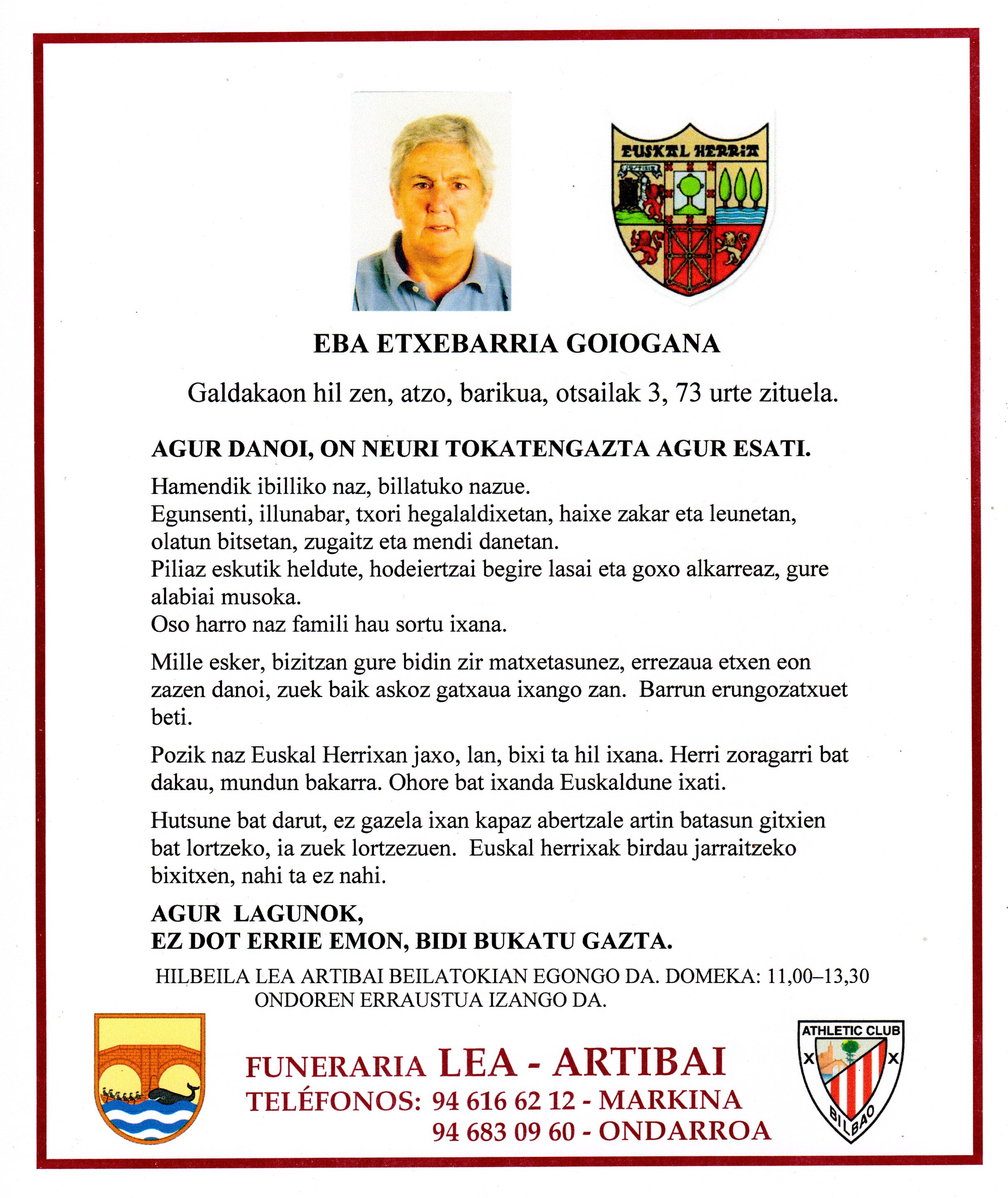Esquela de Eba Etxebarria Goiogana