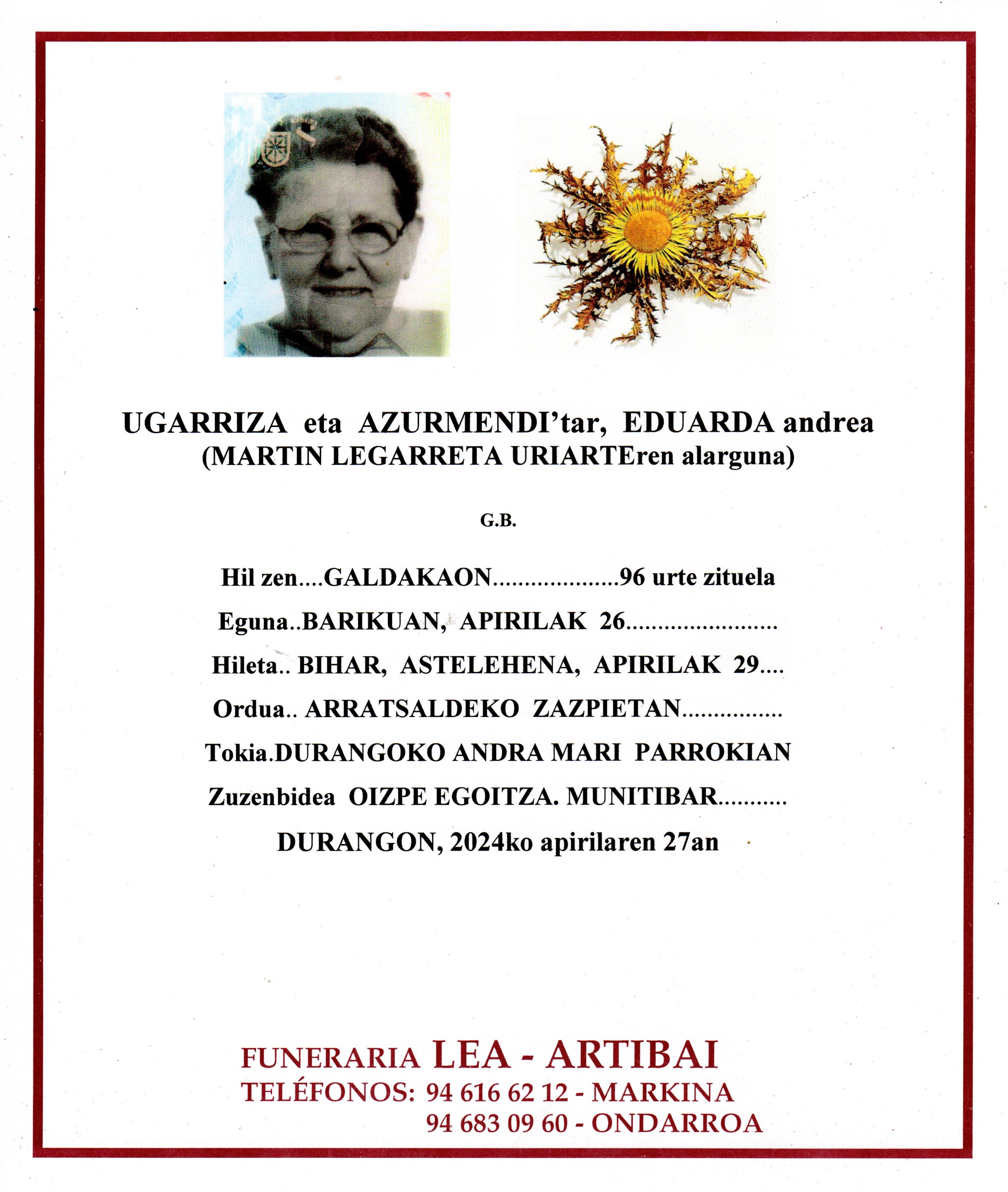 Esquela de Eduarda Ugarriza Azurmendi