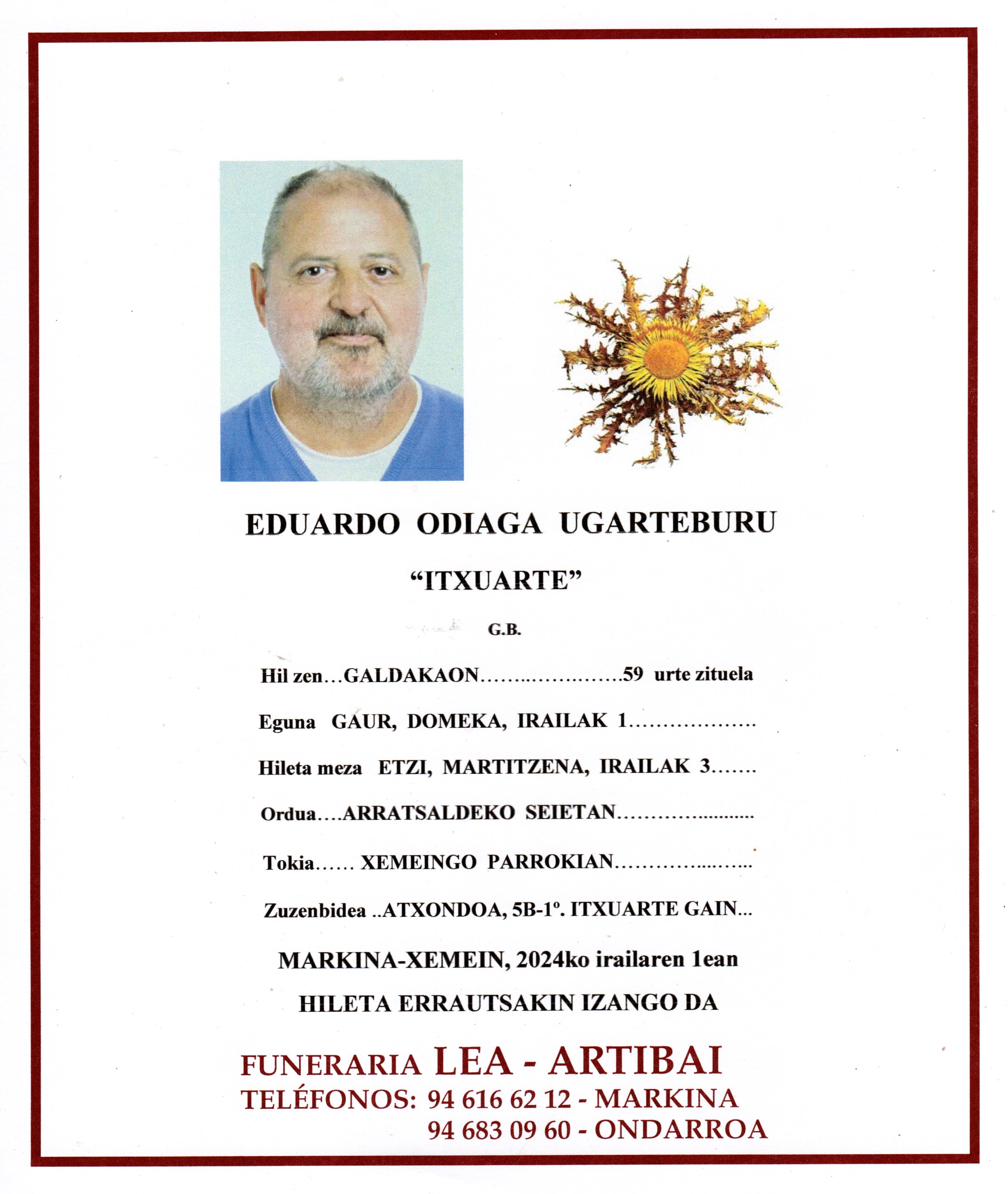 Esquela de Eduardo Odiaga Ugarteburu
