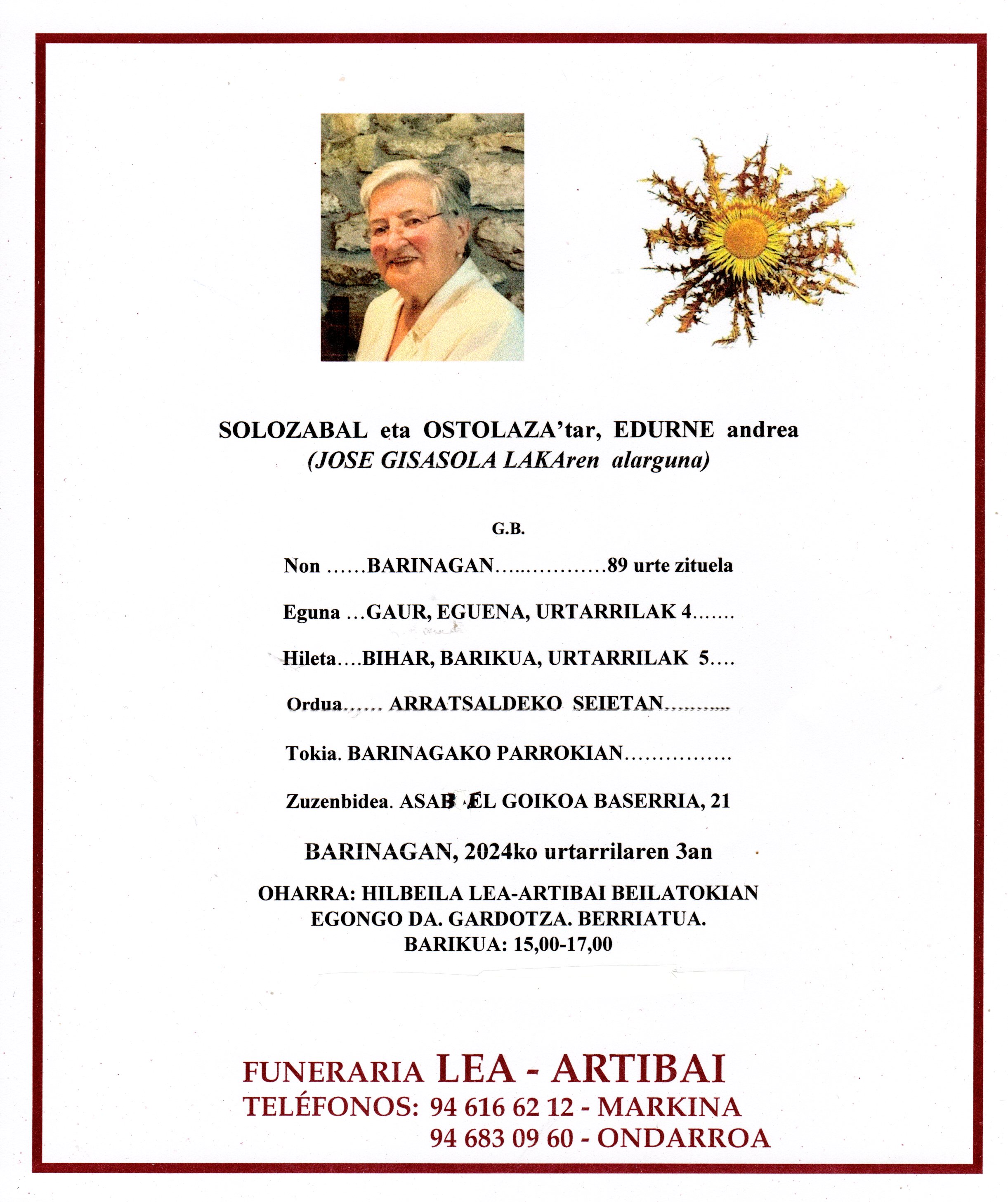 Esquela de Edurne Solozabal Ostolaza