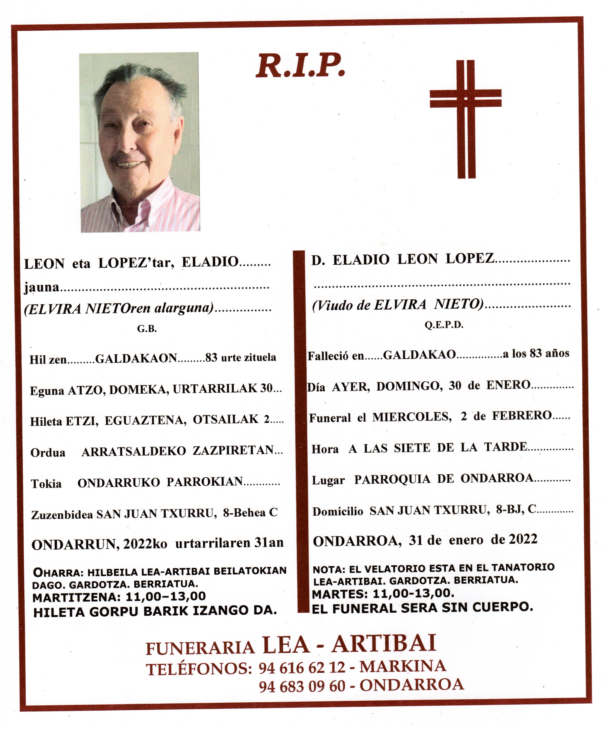 Esquela de Eladio Leon Lopez