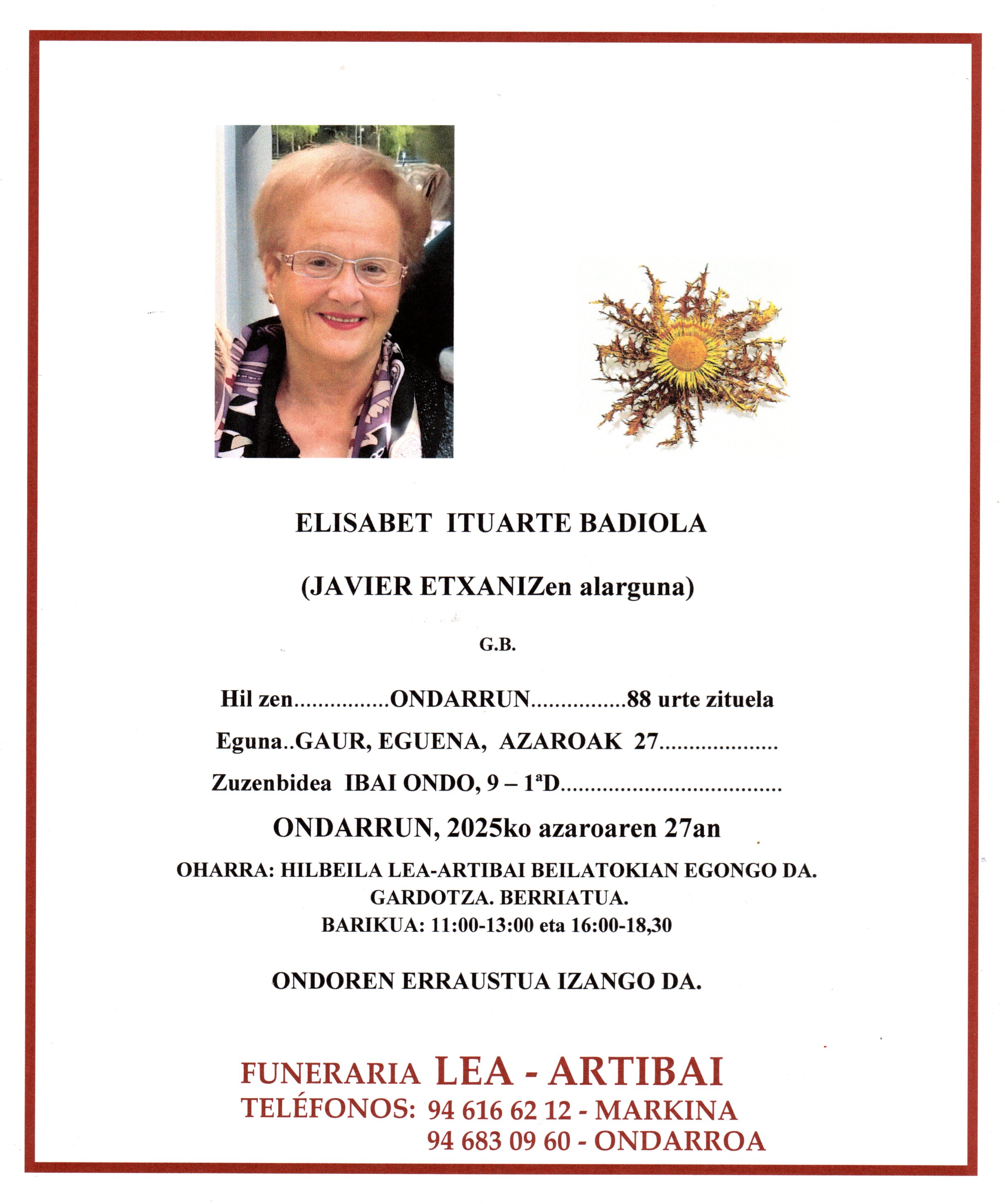 Esquela de Elisabet Ituarte Badiola