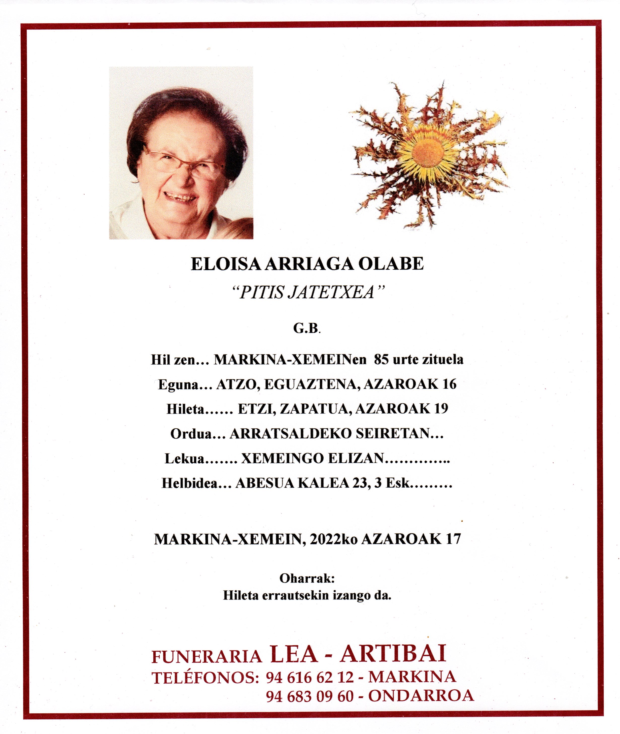 Esquela de Eloisa Arriaga Olabe