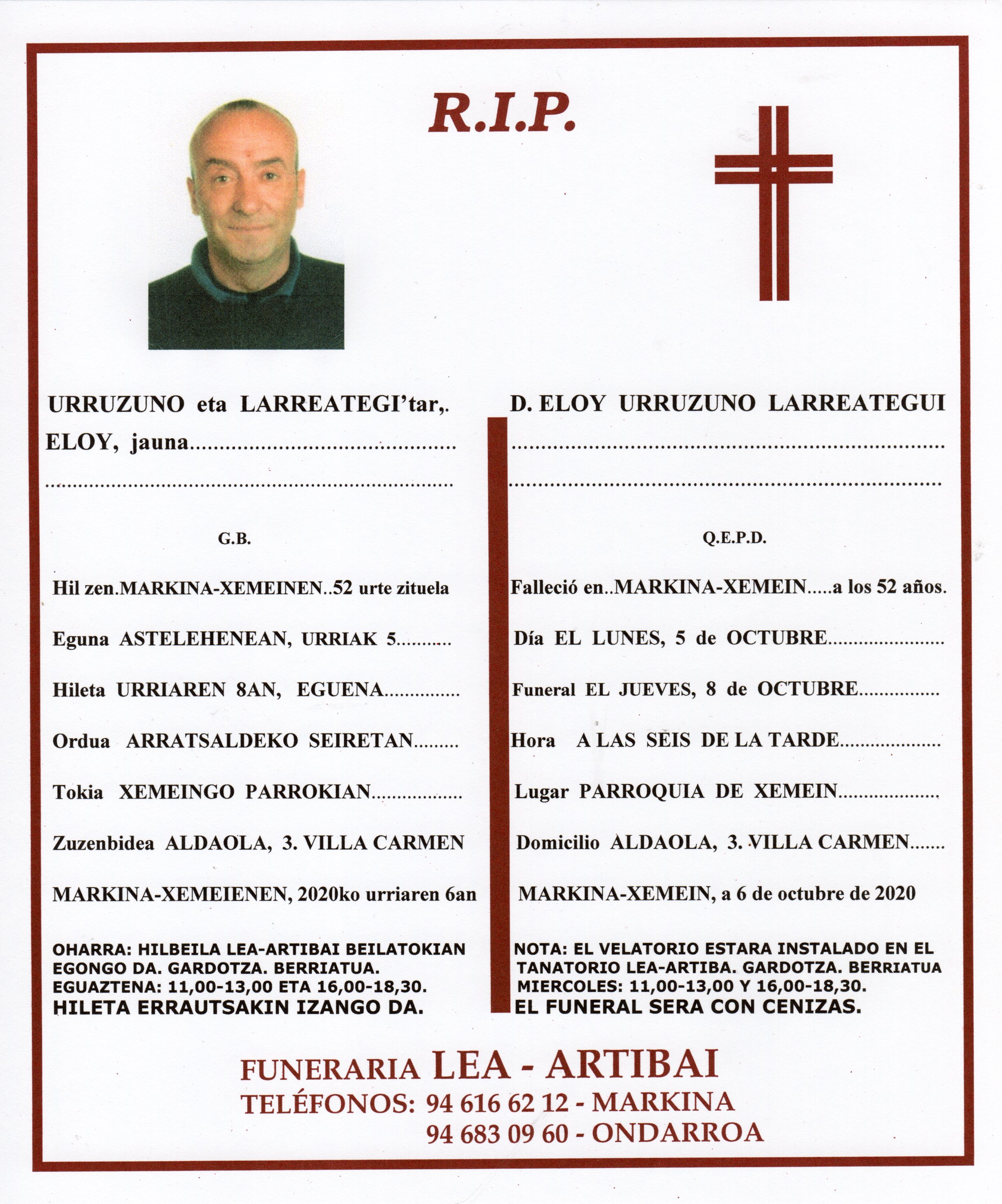 Esquela de Eloy Urruzuno Larreategi