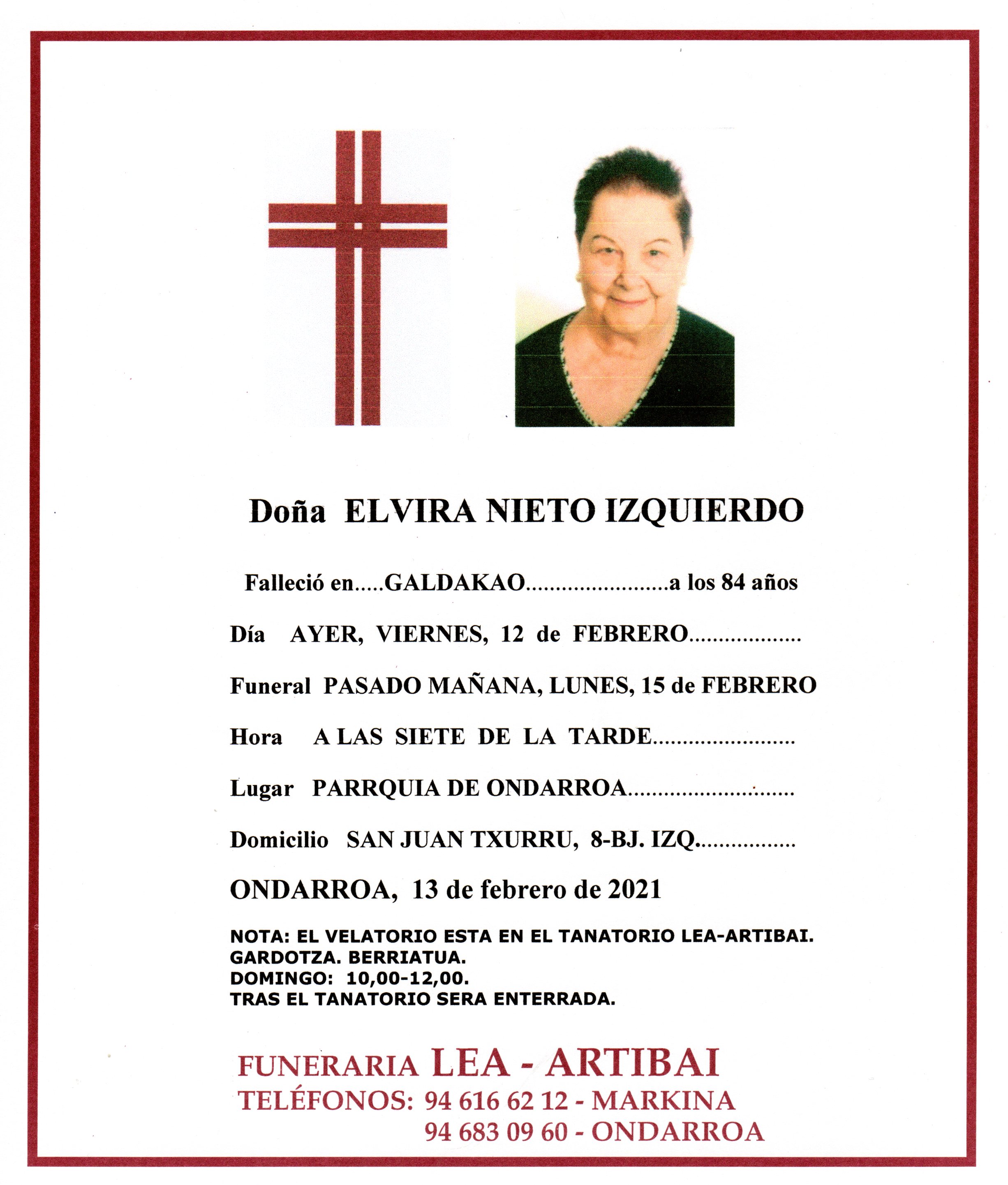 Esquela de Elvira Nieto Izquierdo