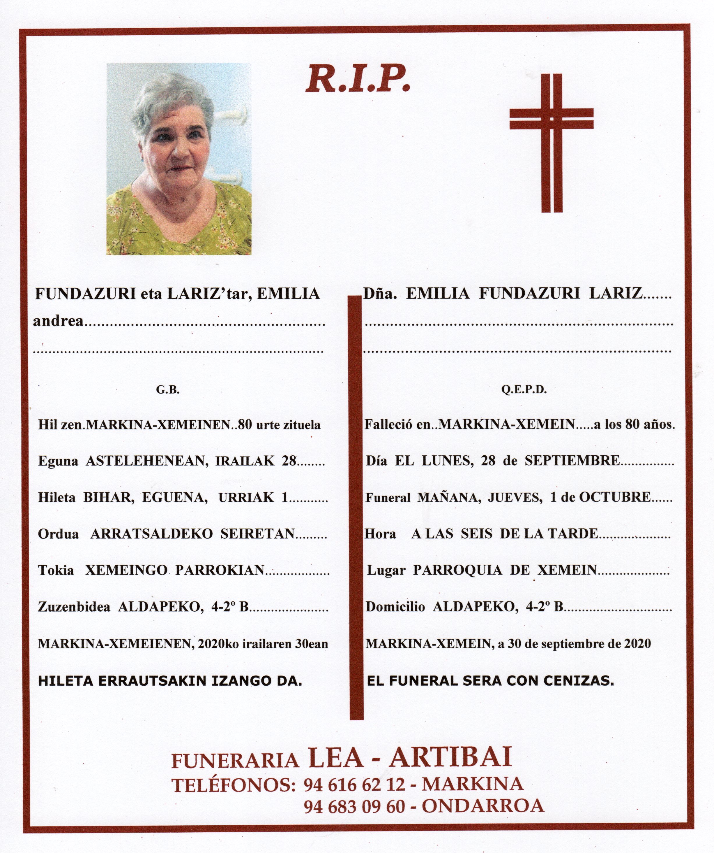 Esquela de Emilia Fundazuri Lariz