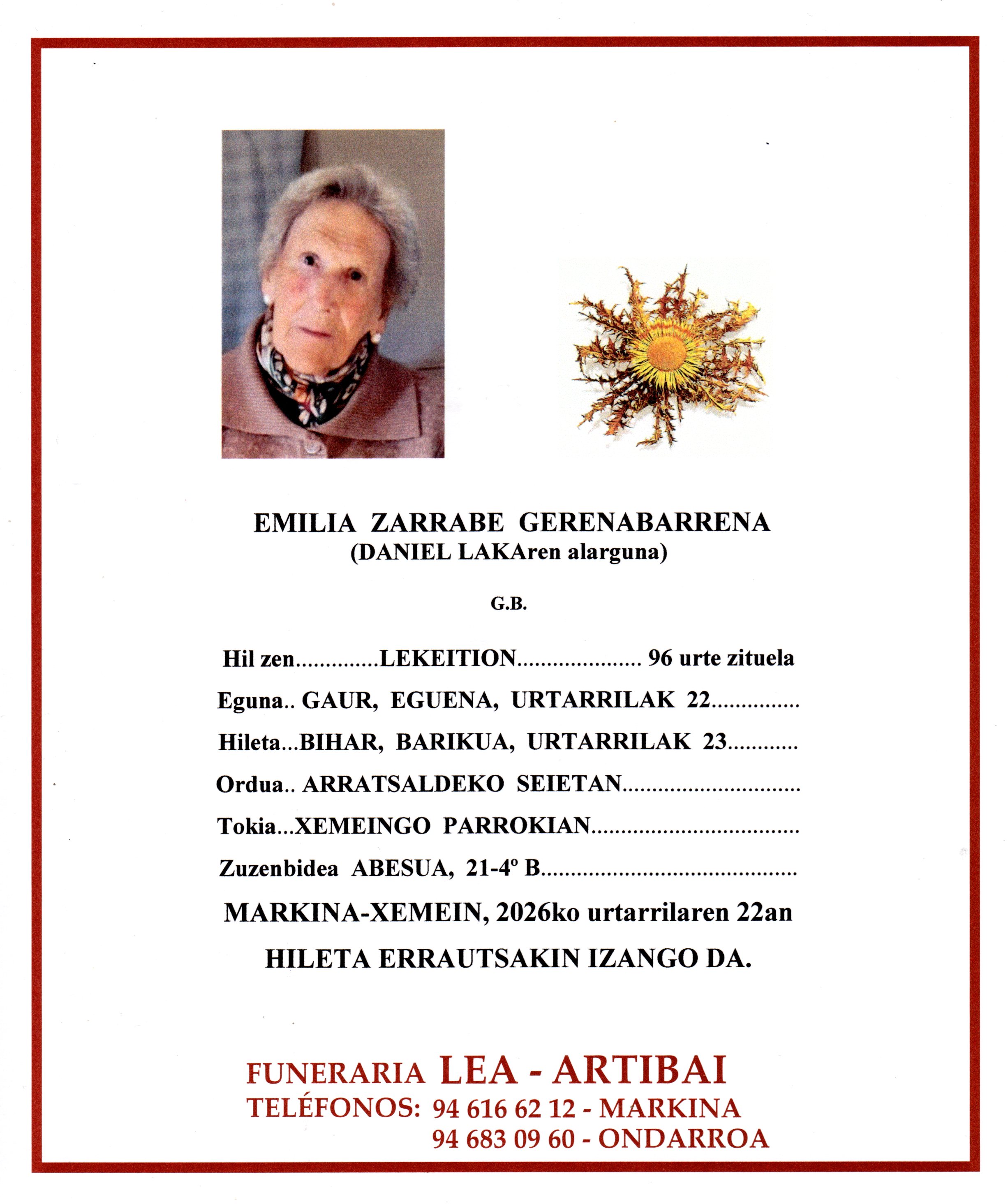 Esquela de Emilia Zarrabe Gerenabarrena