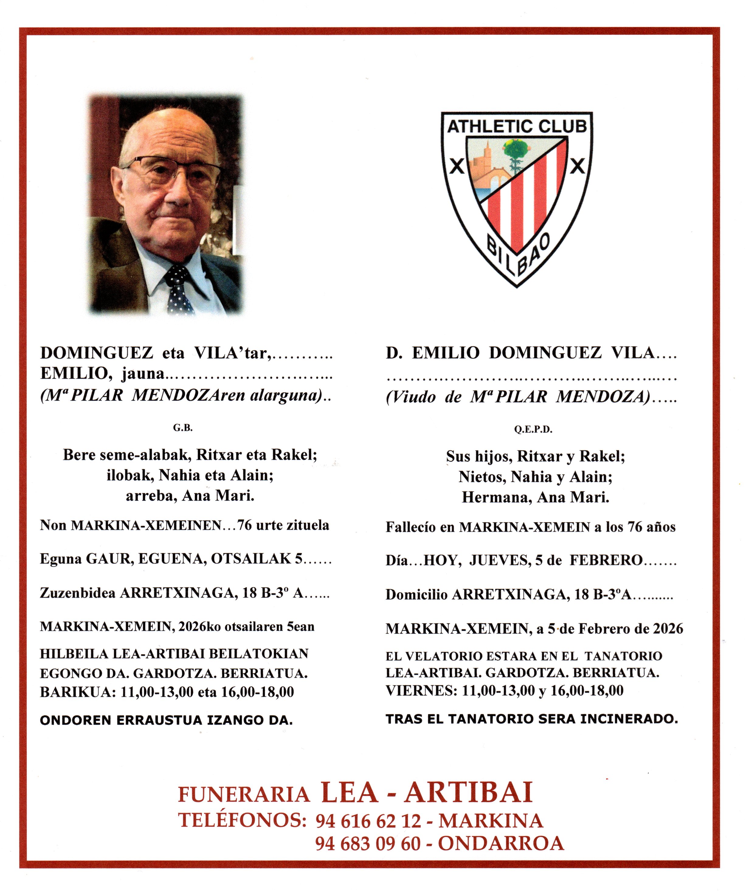 Esquela de Emilio Dominguez Vila