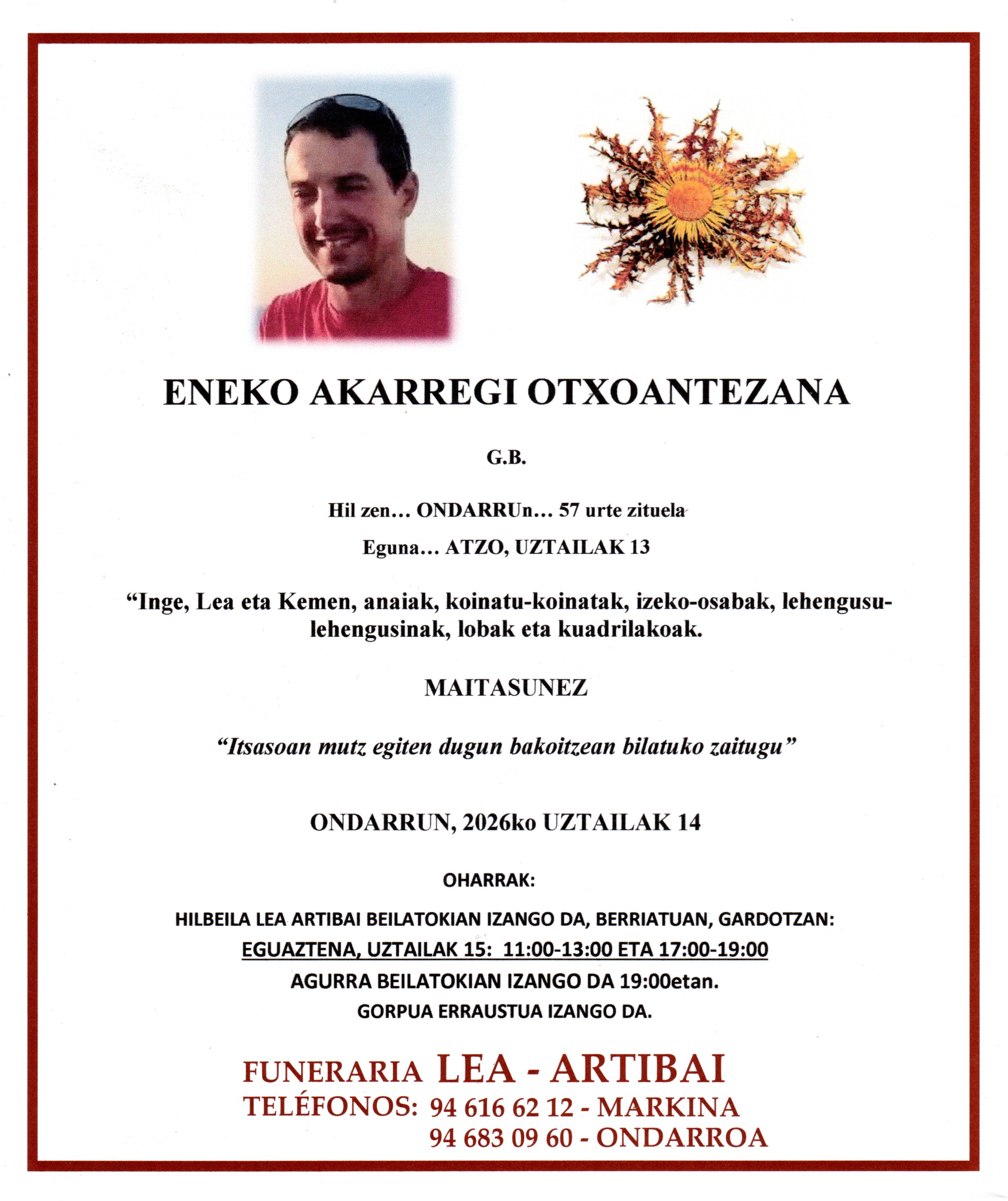 Esquela de Eneko Akarregi Otxoantezana
