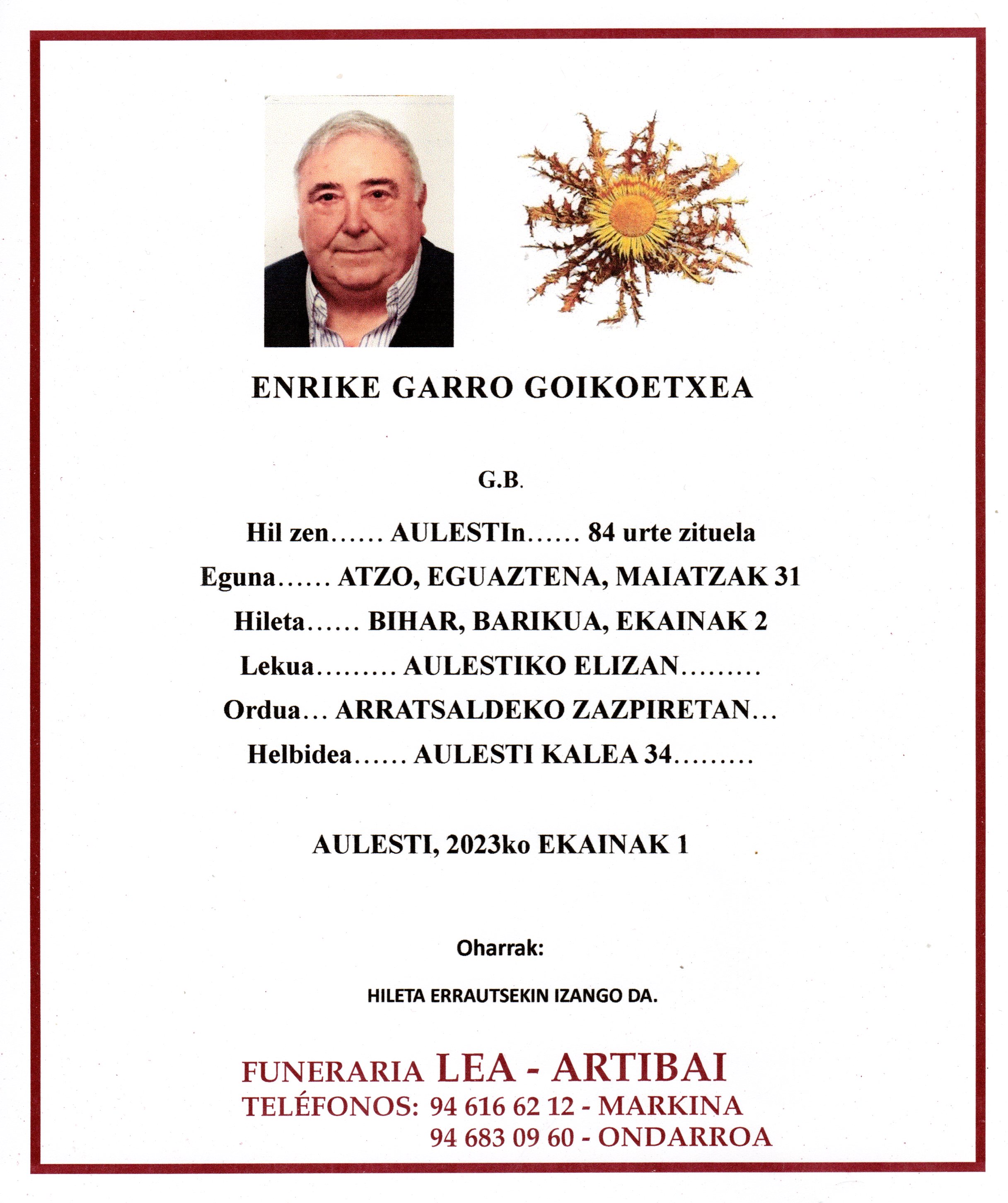 Esquela de Enrike Garro Goikoetxea