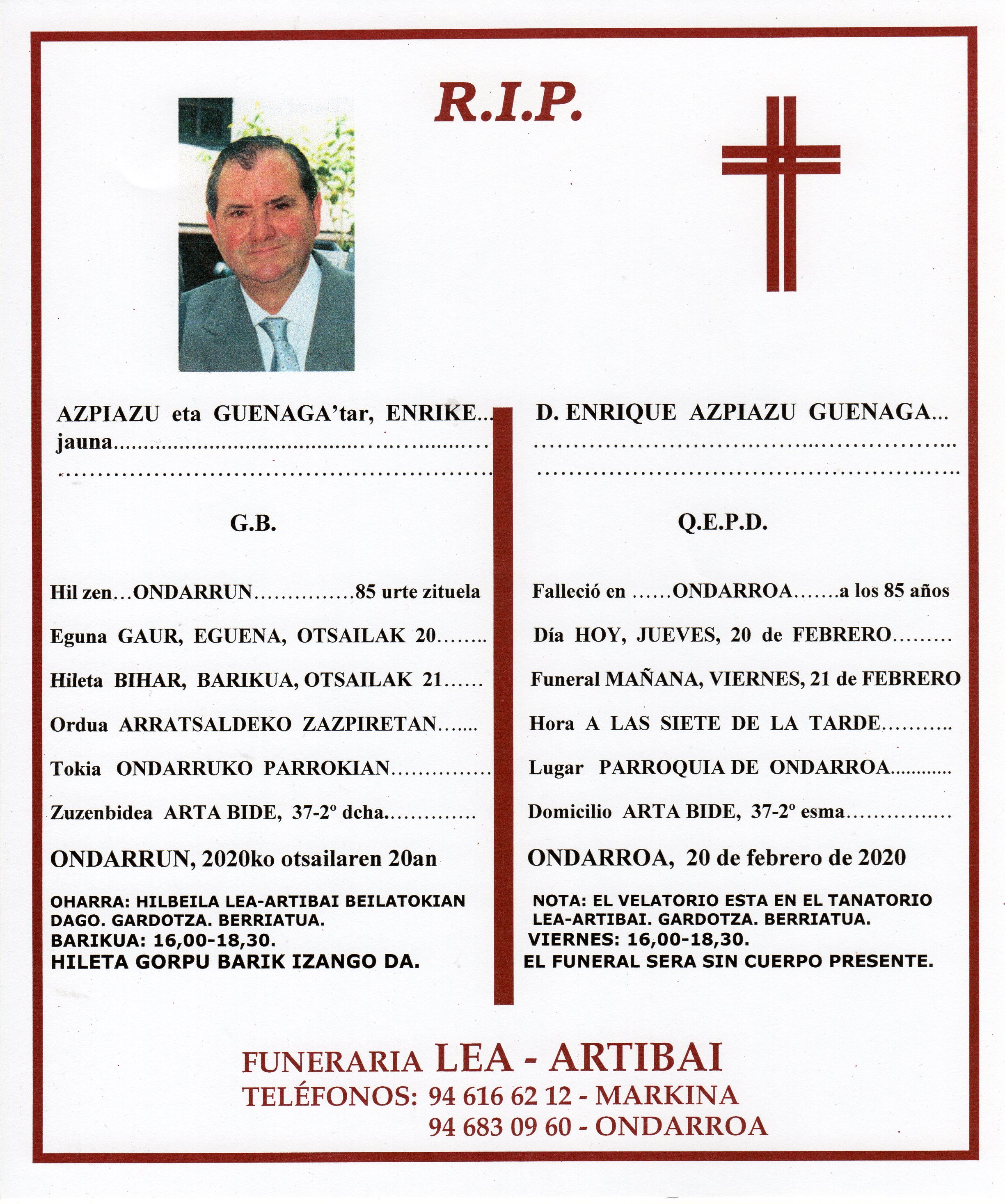 Esquela de Enrique Azpiazu Guenaga