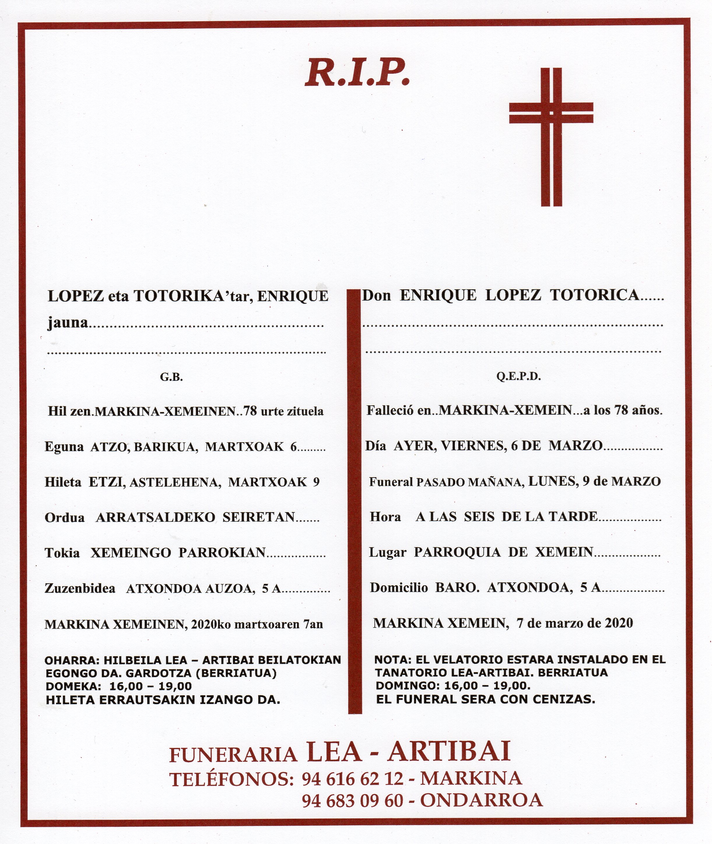 Esquela de Enrique Lopez Totorica